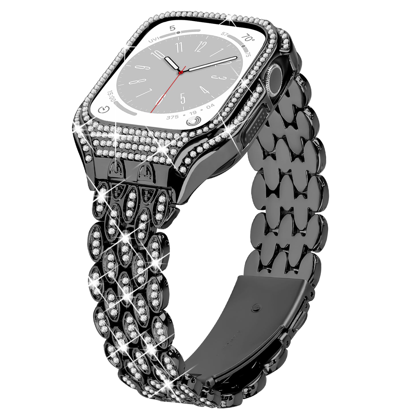 For Apple Watch Series 6 5 4 SE (2022) SE 40mm Watch Band Stainless Steel Rhinestone Decor Strap with Watch Case - Black