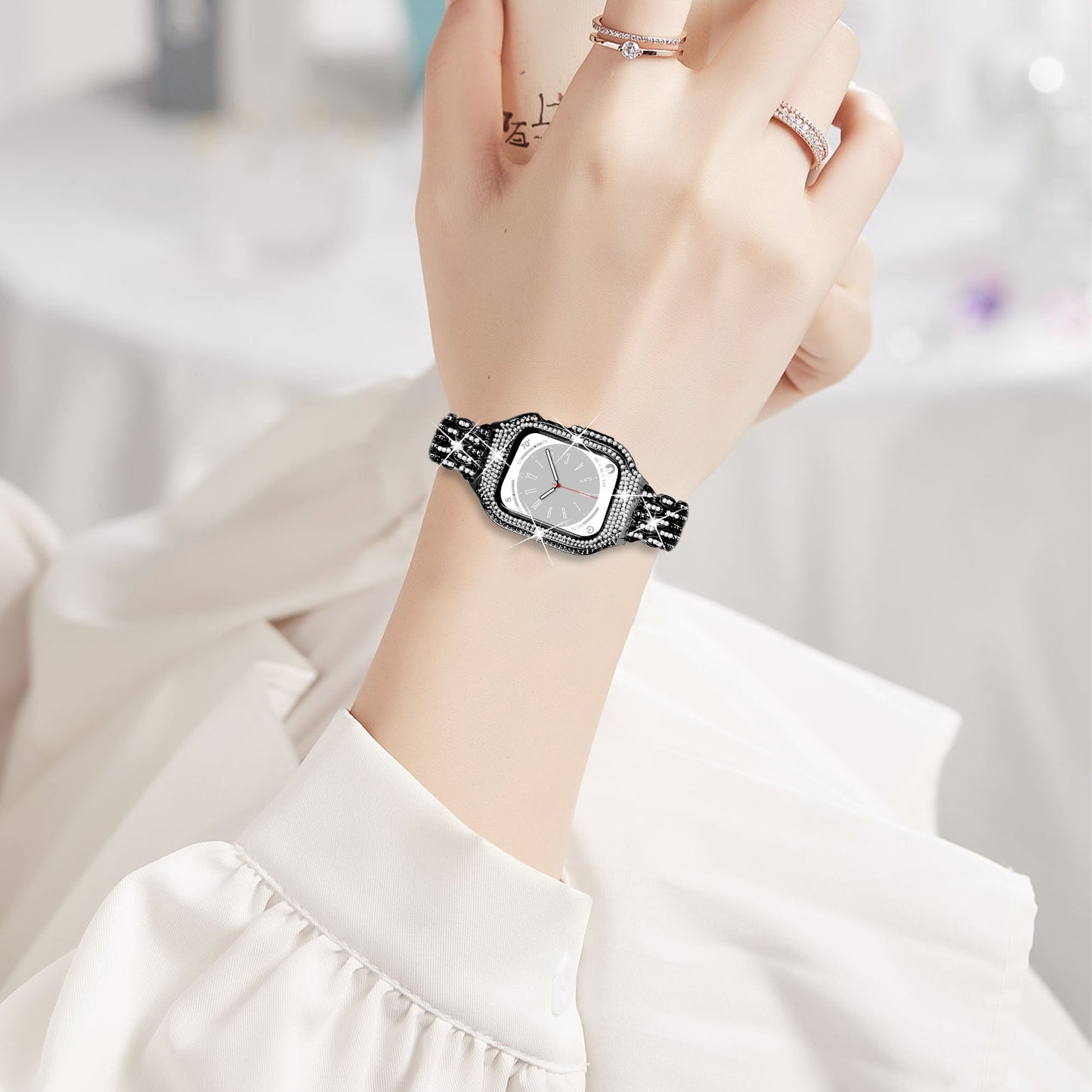 For Apple Watch Series 6 5 4 SE (2022) SE 40mm Watch Band Stainless Steel Rhinestone Decor Strap with Watch Case - Black