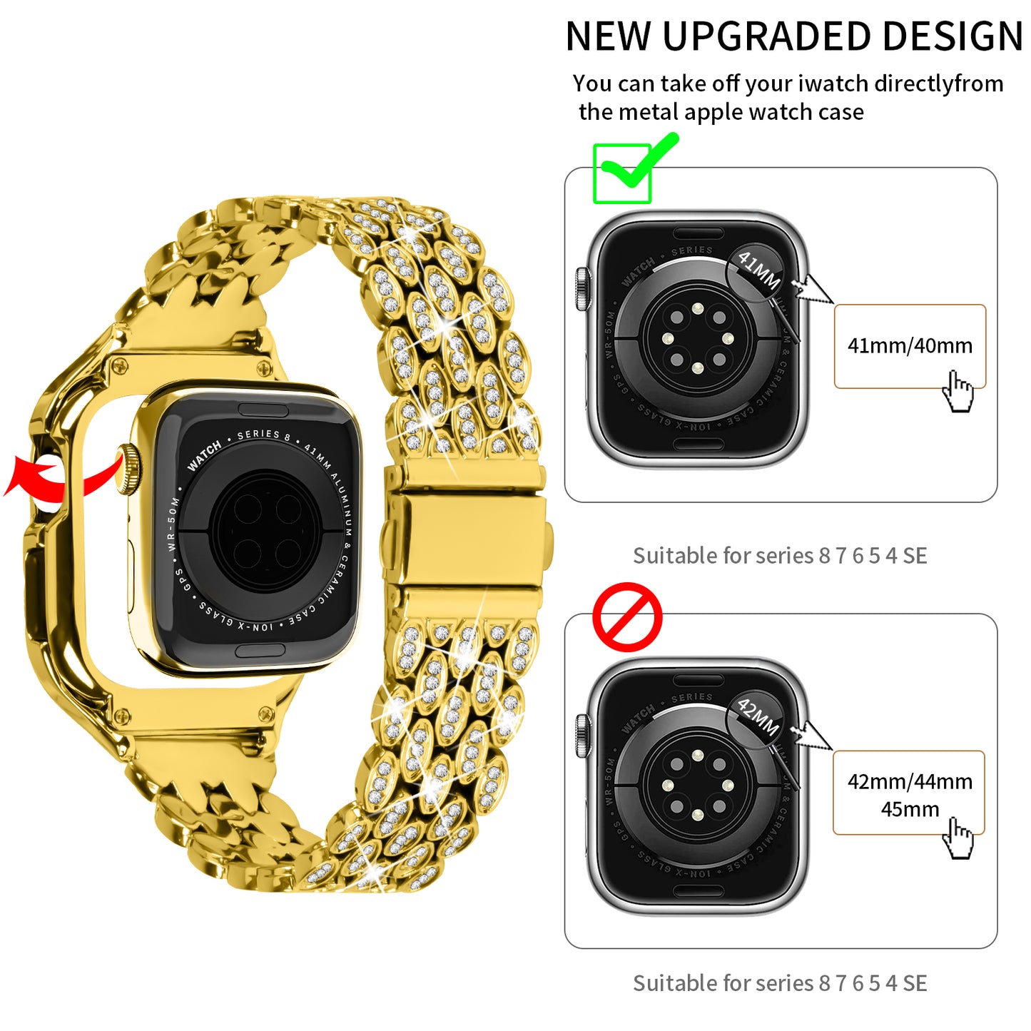 For Apple Watch Series 6 5 4 SE (2022) SE 40mm Watch Band Stainless Steel Rhinestone Decor Strap with Watch Case - Gold