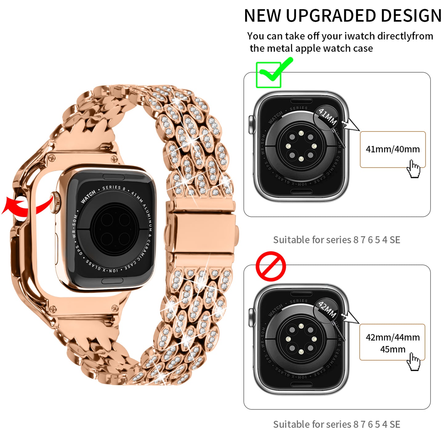 For Apple Watch Series 6 5 4 SE (2022) SE 40mm Watch Band Stainless Steel Rhinestone Decor Strap with Watch Case - Rose Gold
