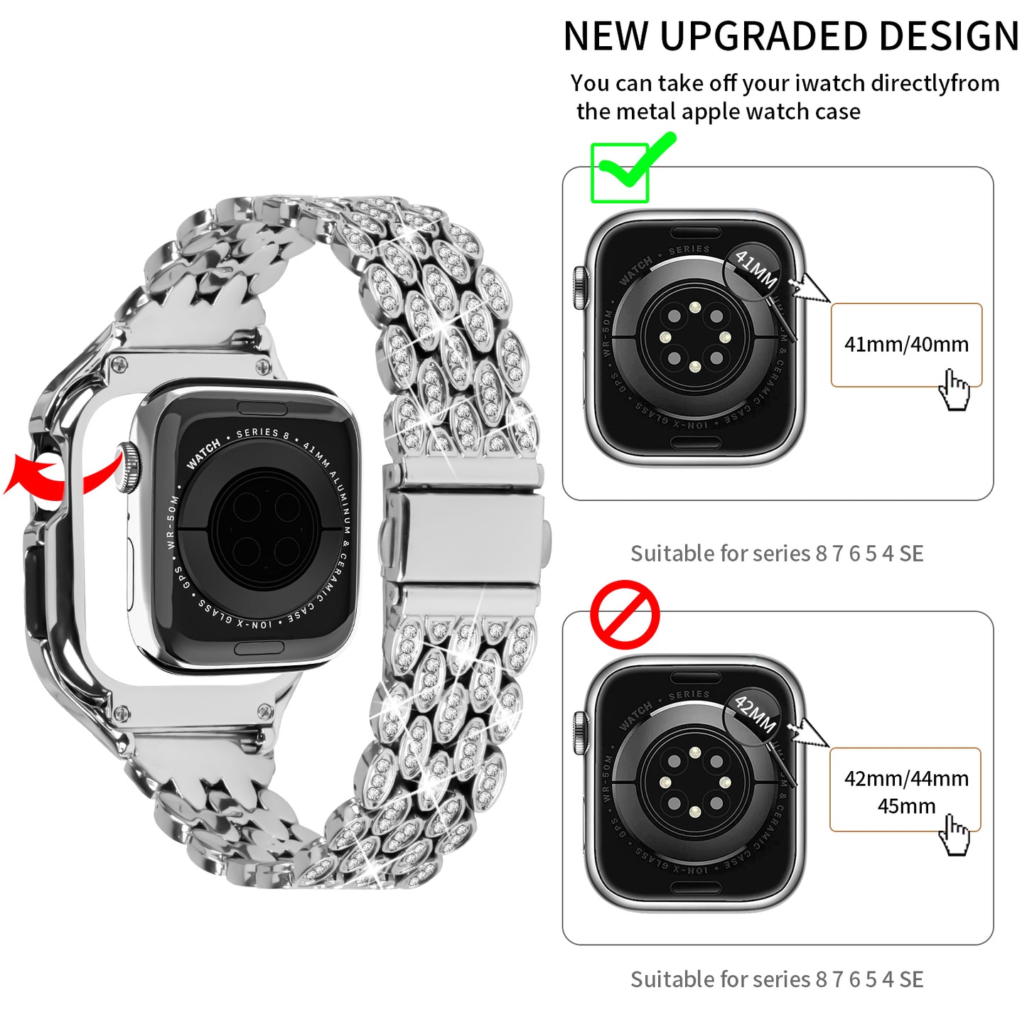 For Apple Watch Series 6 5 4 SE (2022) SE 40mm Watch Band Stainless Steel Rhinestone Decor Strap with Watch Case - Silver