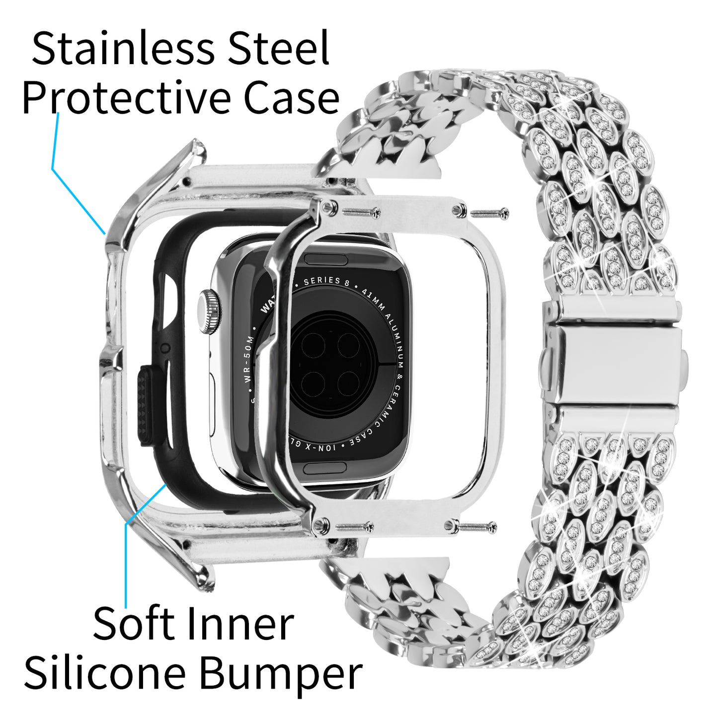 For Apple Watch Series 6 5 4 SE (2022) SE 40mm Watch Band Stainless Steel Rhinestone Decor Strap with Watch Case - Silver