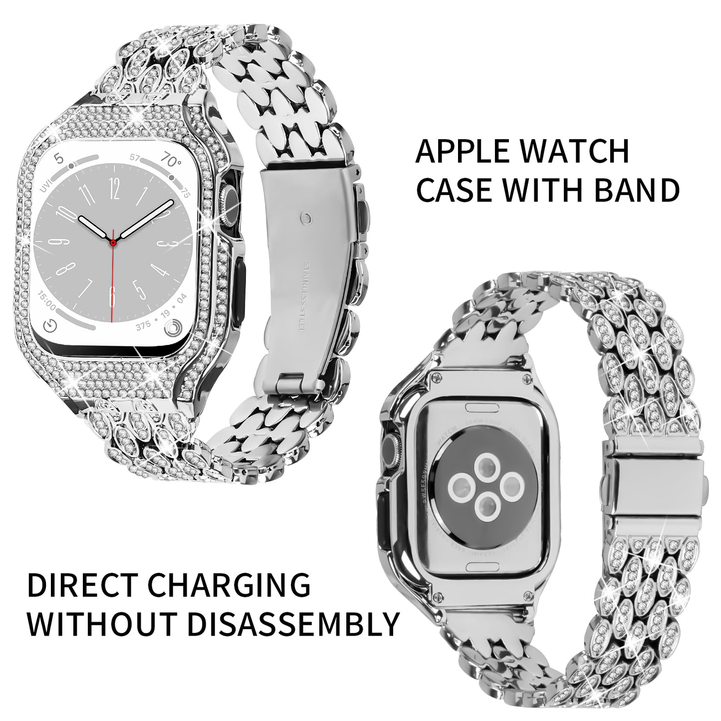 For Apple Watch Series 6 5 4 SE (2022) SE 40mm Watch Band Stainless Steel Rhinestone Decor Strap with Watch Case - Silver