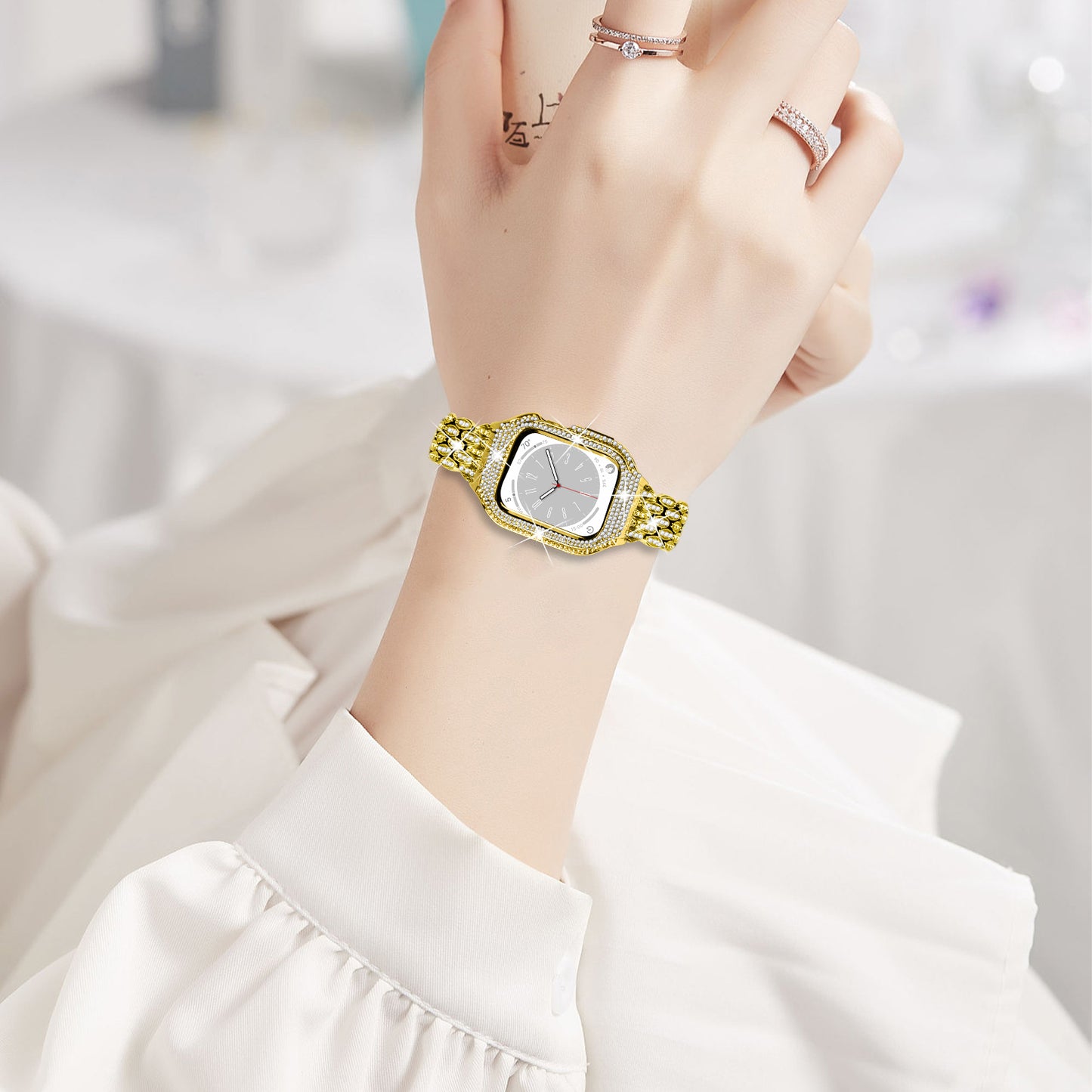 For Apple Watch Series 8 7 41mm Stainless Steel Watch Band Rhinestone Decor Strap with Protective Case - Gold