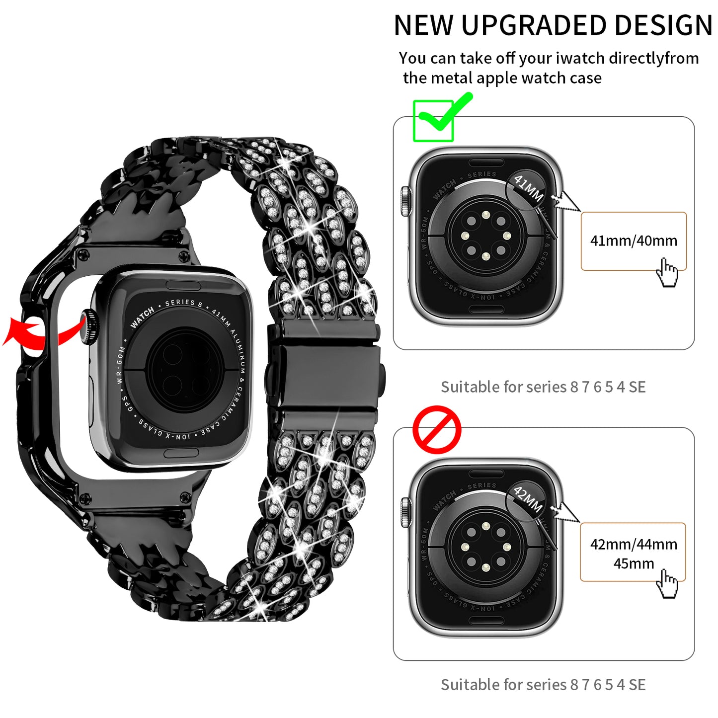 For Apple Watch Series 8 7 41mm Stainless Steel Watch Band Rhinestone Decor Strap with Protective Case - Black
