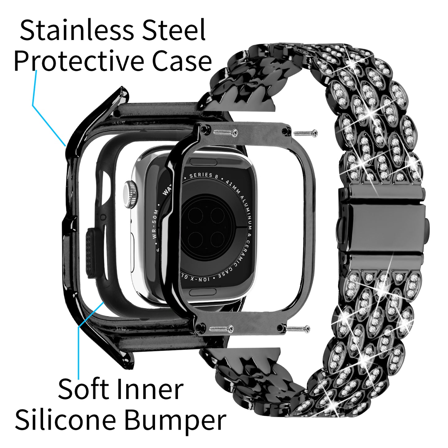 For Apple Watch Series 8 7 41mm Stainless Steel Watch Band Rhinestone Decor Strap with Protective Case - Black