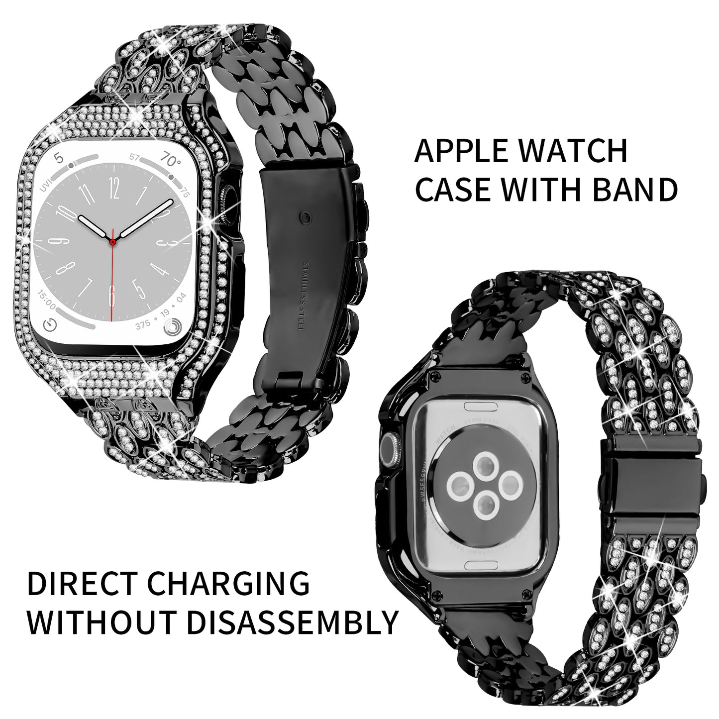 For Apple Watch Series 8 7 41mm Stainless Steel Watch Band Rhinestone Decor Strap with Protective Case - Black