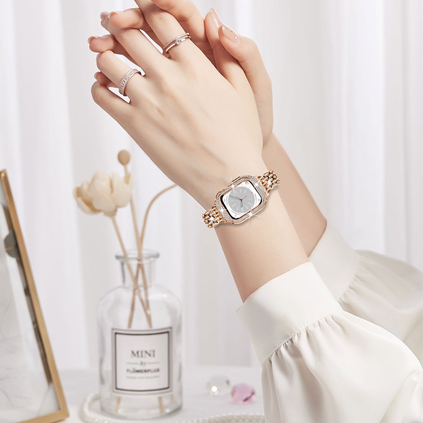 For Apple Watch Series 8 7 41mm Stainless Steel Watch Band Rhinestone Decor Strap with Protective Case - Rose Gold