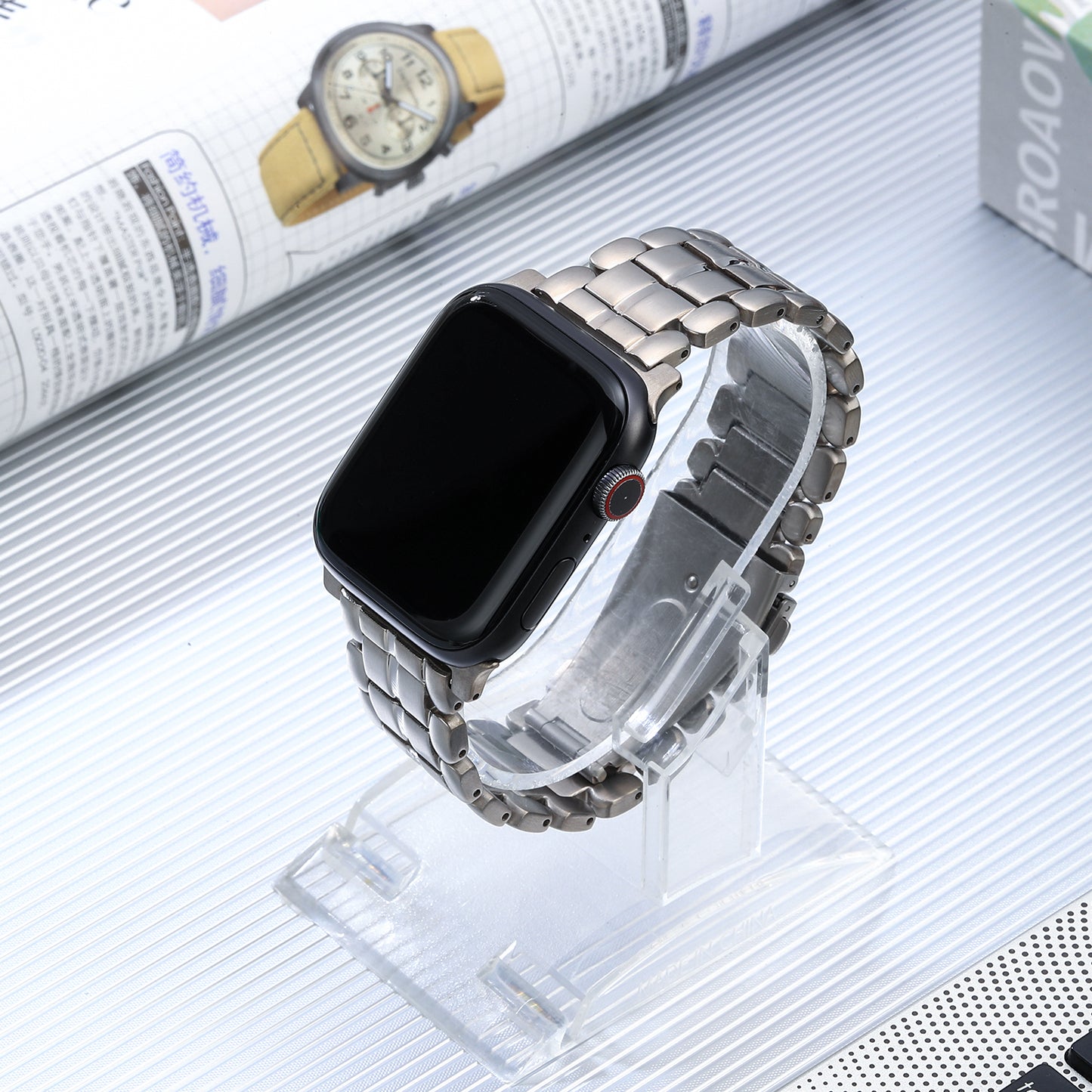 for Apple Watch Ultra 49mm / Series 8 / 7 45mm / 6 / 5 / 4 / SE / SE (2022) 44mm / 3 / 2 / 1 42mm Titanium Steel Watch Band 5 Beads Replace Strap - Silver