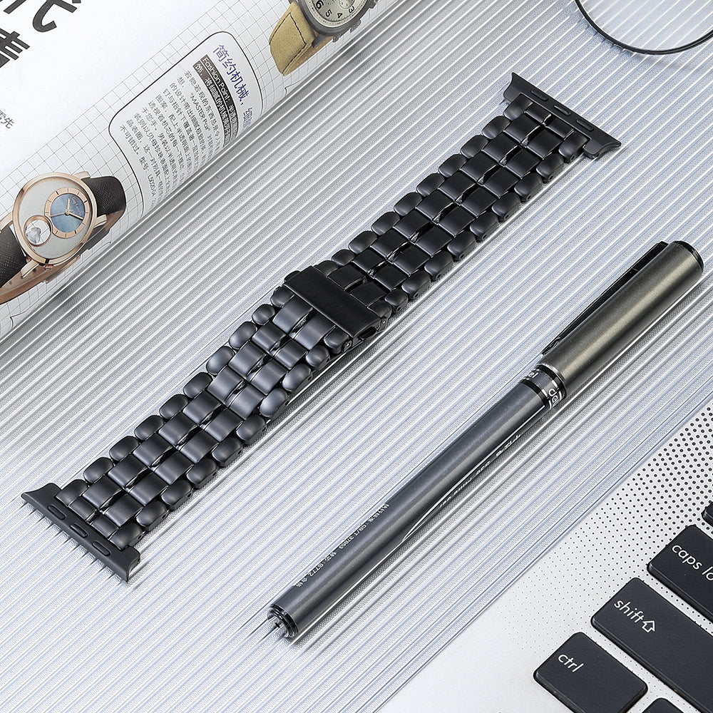 For Apple Watch Series 8 / 7 41mm / 6 / 5 / 4 / SE / SE (2022) 40mm / 3 / 2 / 1 38mm Replacement Watch Band 5 Beads Titanium Steel Strap - Black
