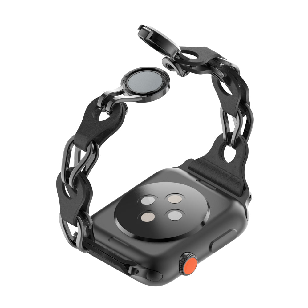 Uniqkart for Apple Watch Ultra 49mm / Series 8 7 45mm / 6 5 4 SE (2022) SE 44mm / 3 2 1 42mm Leather+Stainless Steel Chain Magnetic Buckle Watch Strap - Black