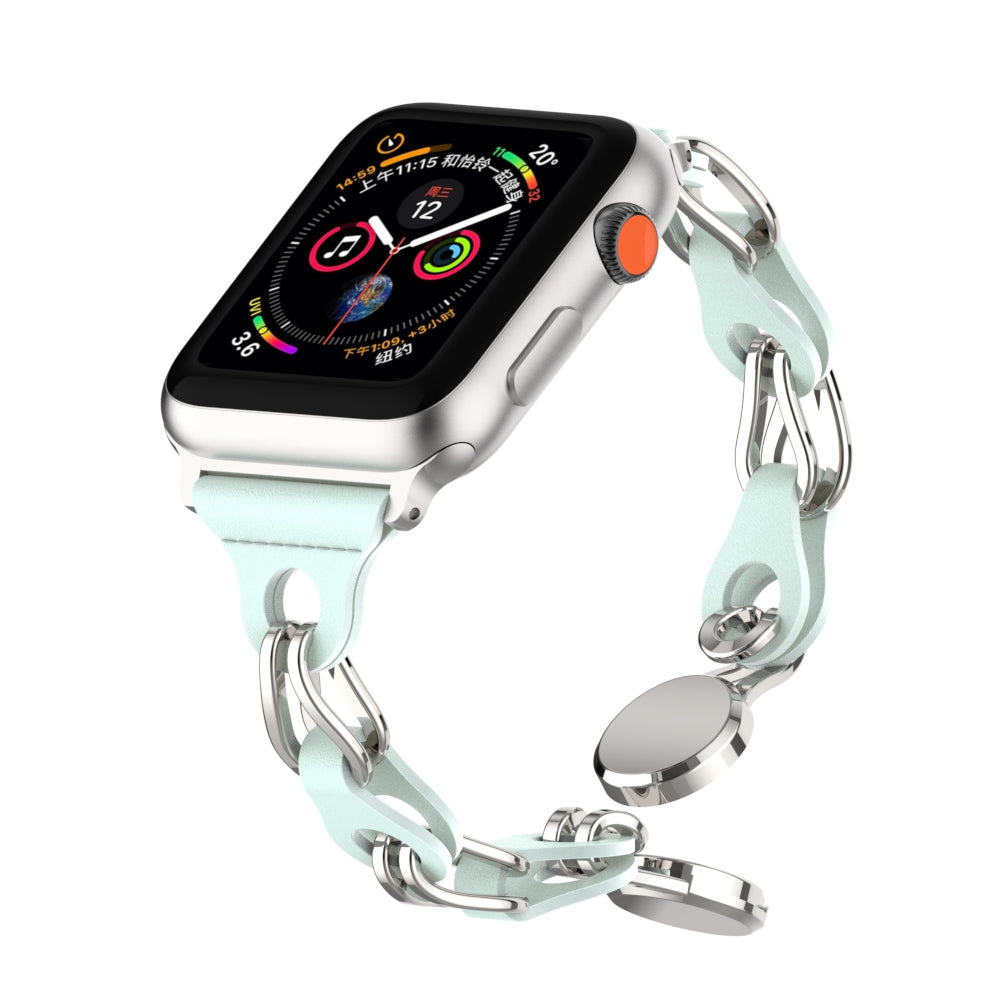 for Apple Watch Ultra 49mm / Series 8 7 45mm / 6 5 4 SE (2022) SE 44mm / 3 2 1 42mm Leather+Stainless Steel Chain Magnetic Buckle Watch Strap - Light Blue