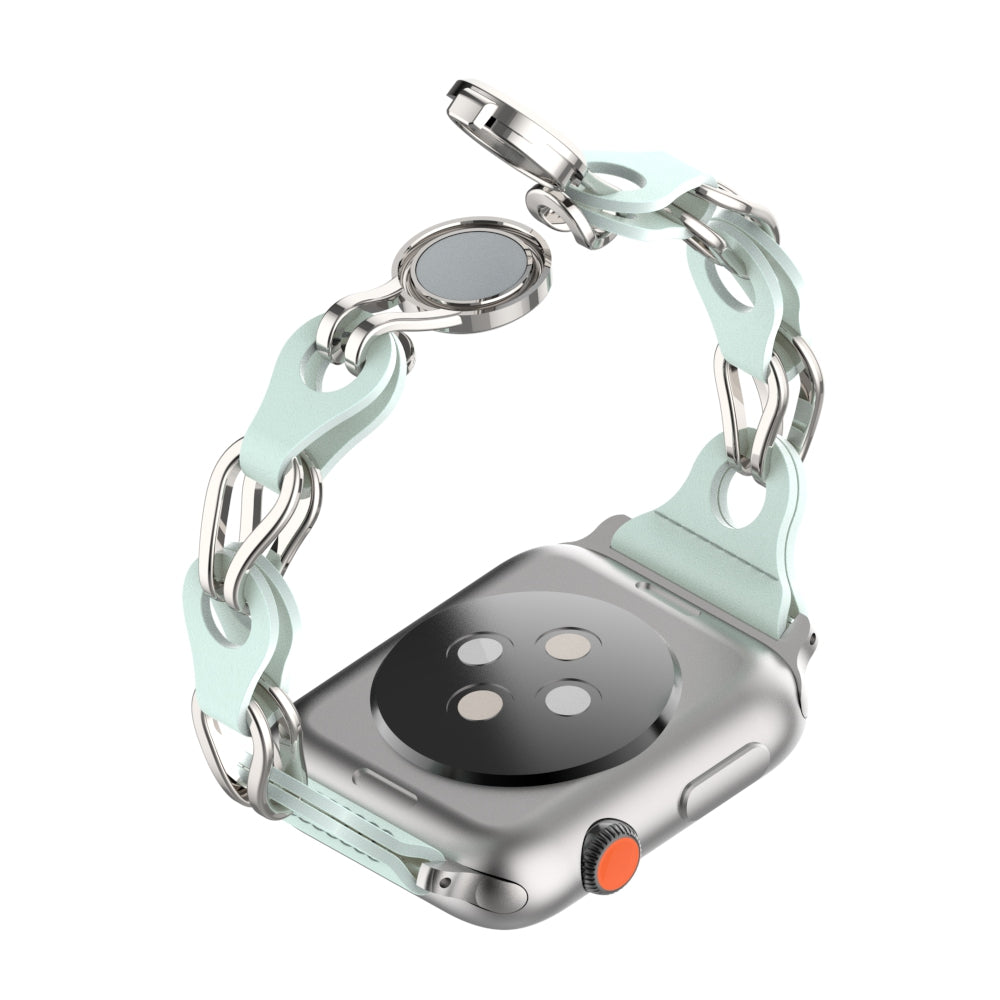 for Apple Watch Ultra 49mm / Series 8 7 45mm / 6 5 4 SE (2022) SE 44mm / 3 2 1 42mm Leather+Stainless Steel Chain Magnetic Buckle Watch Strap - Light Blue