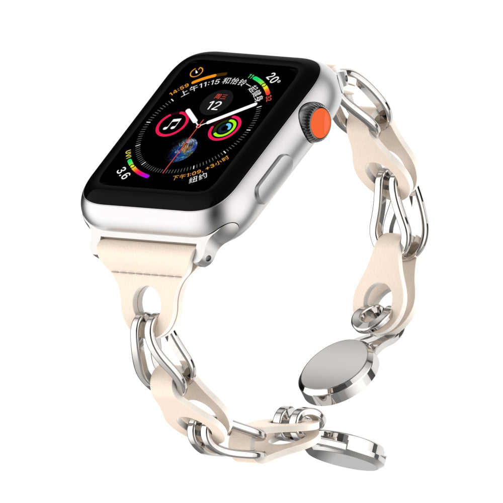 for Apple Watch Ultra 49mm / Series 8 7 45mm / 6 5 4 SE (2022) SE 44mm / 3 2 1 42mm Leather+Stainless Steel Chain Magnetic Buckle Watch Strap - Starlight Color
