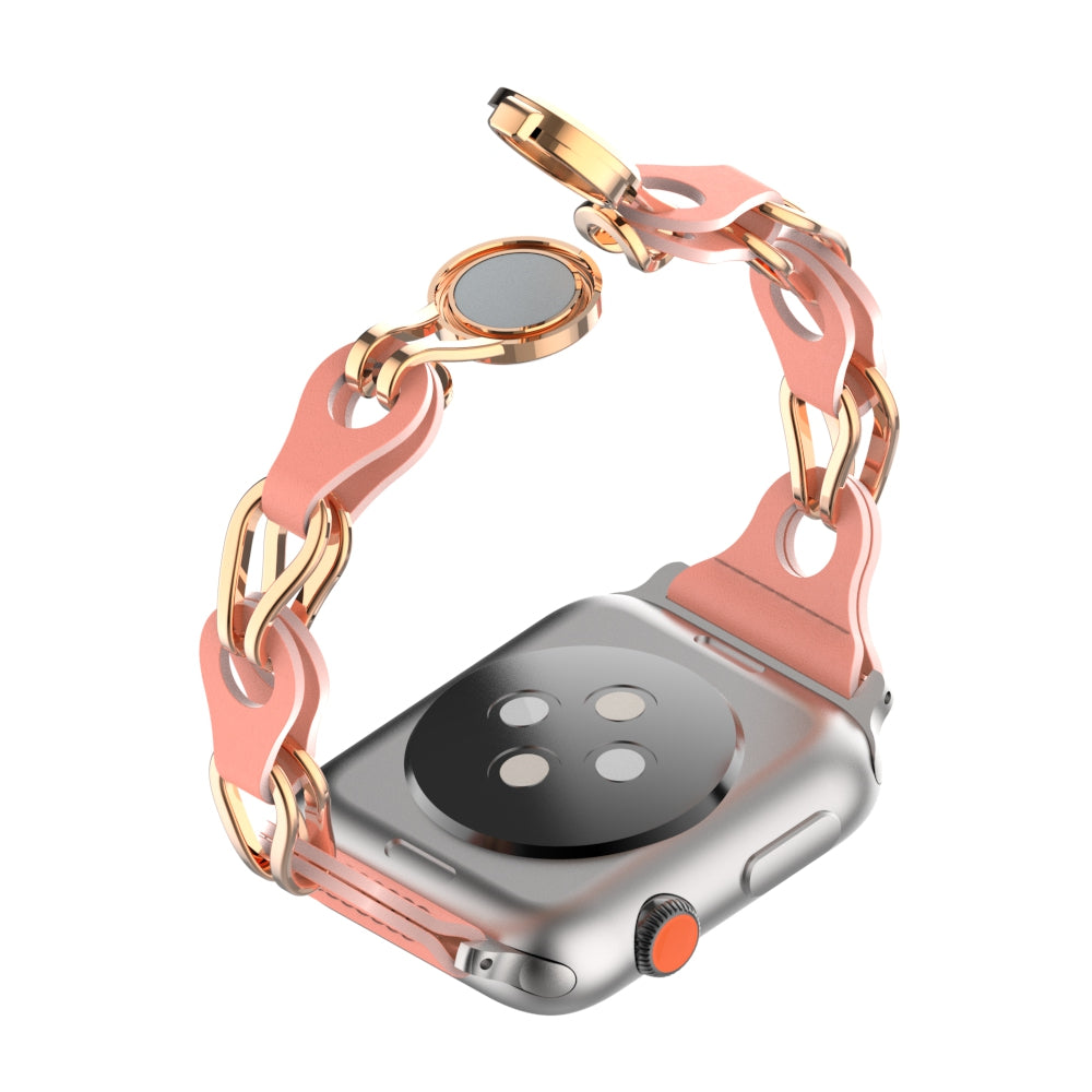 for Apple Watch Ultra 49mm / Series 8 7 45mm / 6 5 4 SE (2022) SE 44mm / 3 2 1 42mm Leather+Stainless Steel Chain Magnetic Buckle Watch Strap - Walnut Red