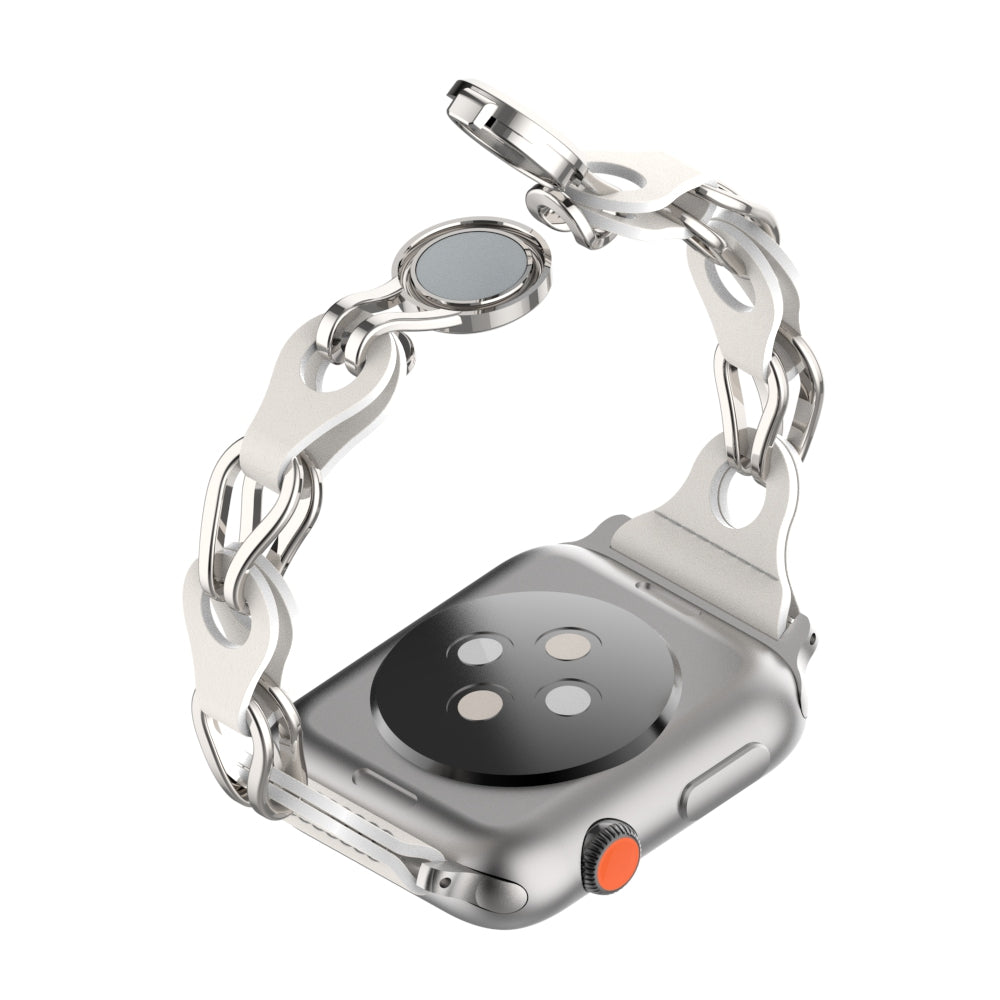 Uniqkart for Apple Watch Series 8 7 41mm / 6 5 4 SE (2022) SE 40mm / 3 2 1 38mm Stainless Steel+Leather Chain Strap Magnetic Buckle Watch Band - White