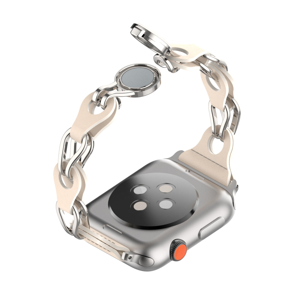 for Apple Watch Series 8 7 41mm / 6 5 4 SE (2022) SE 40mm / 3 2 1 38mm Stainless Steel+Leather Chain Strap Magnetic Buckle Watch Band - Starlight Color