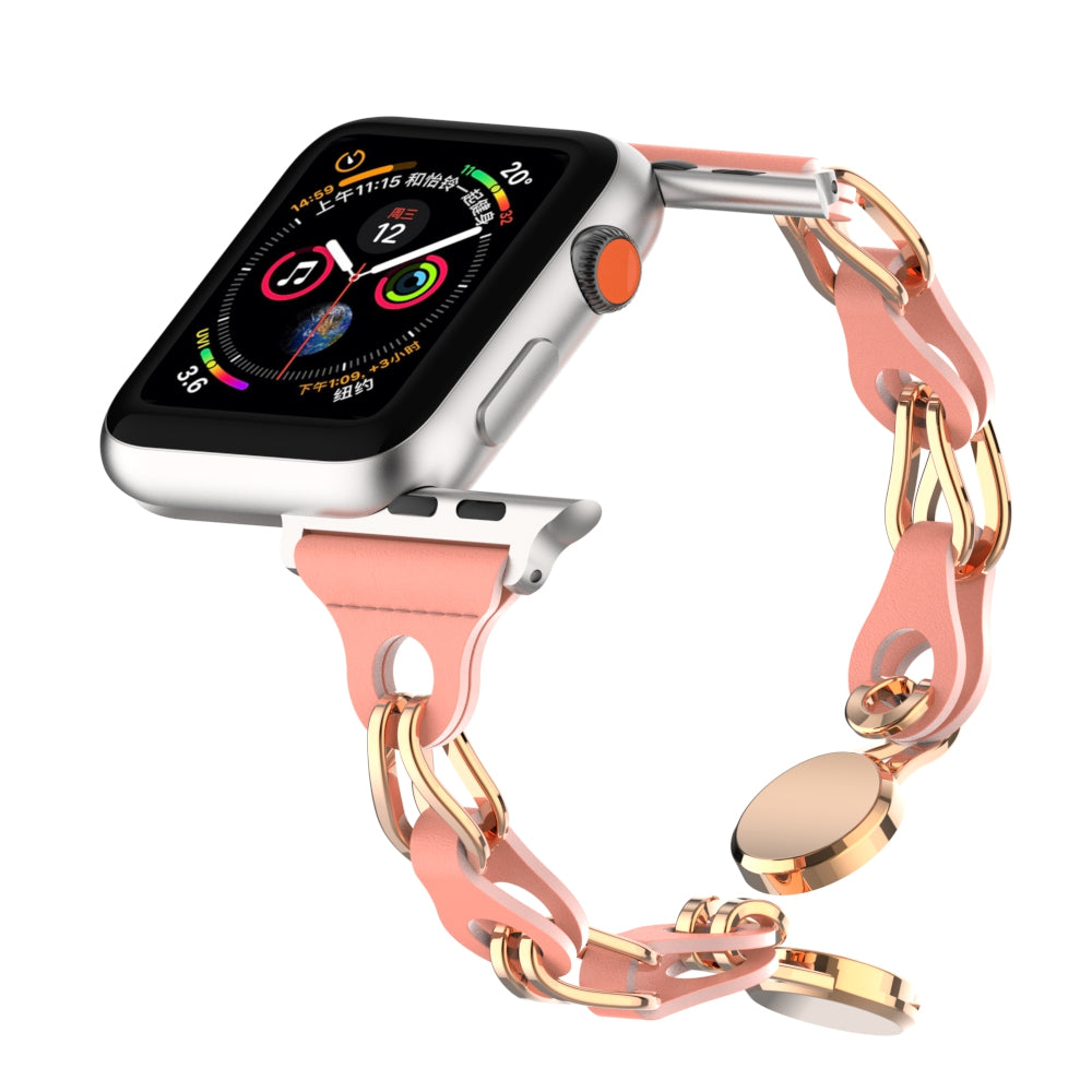 Uniqkart for Apple Watch Series 8 7 41mm / 6 5 4 SE (2022) SE 40mm / 3 2 1 38mm Stainless Steel+Leather Chain Strap Magnetic Buckle Watch Band - Walnut Red