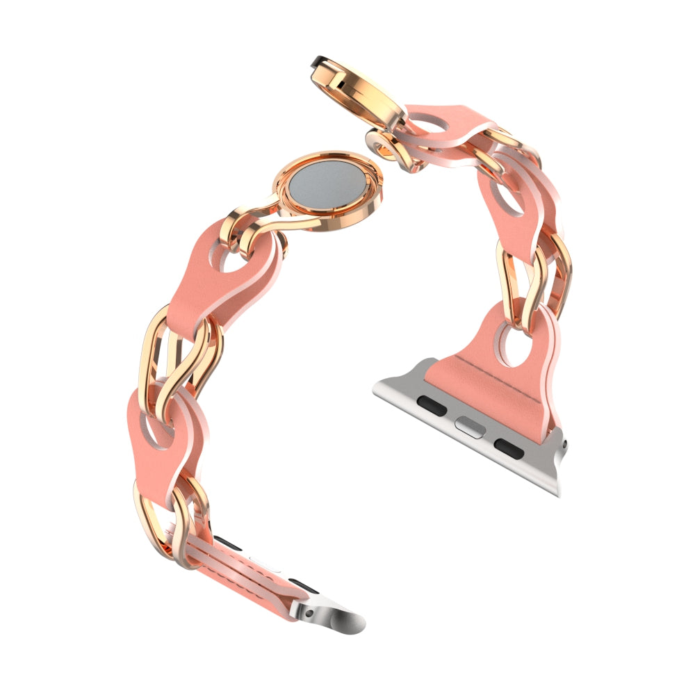 Uniqkart for Apple Watch Series 8 7 41mm / 6 5 4 SE (2022) SE 40mm / 3 2 1 38mm Stainless Steel+Leather Chain Strap Magnetic Buckle Watch Band - Walnut Red