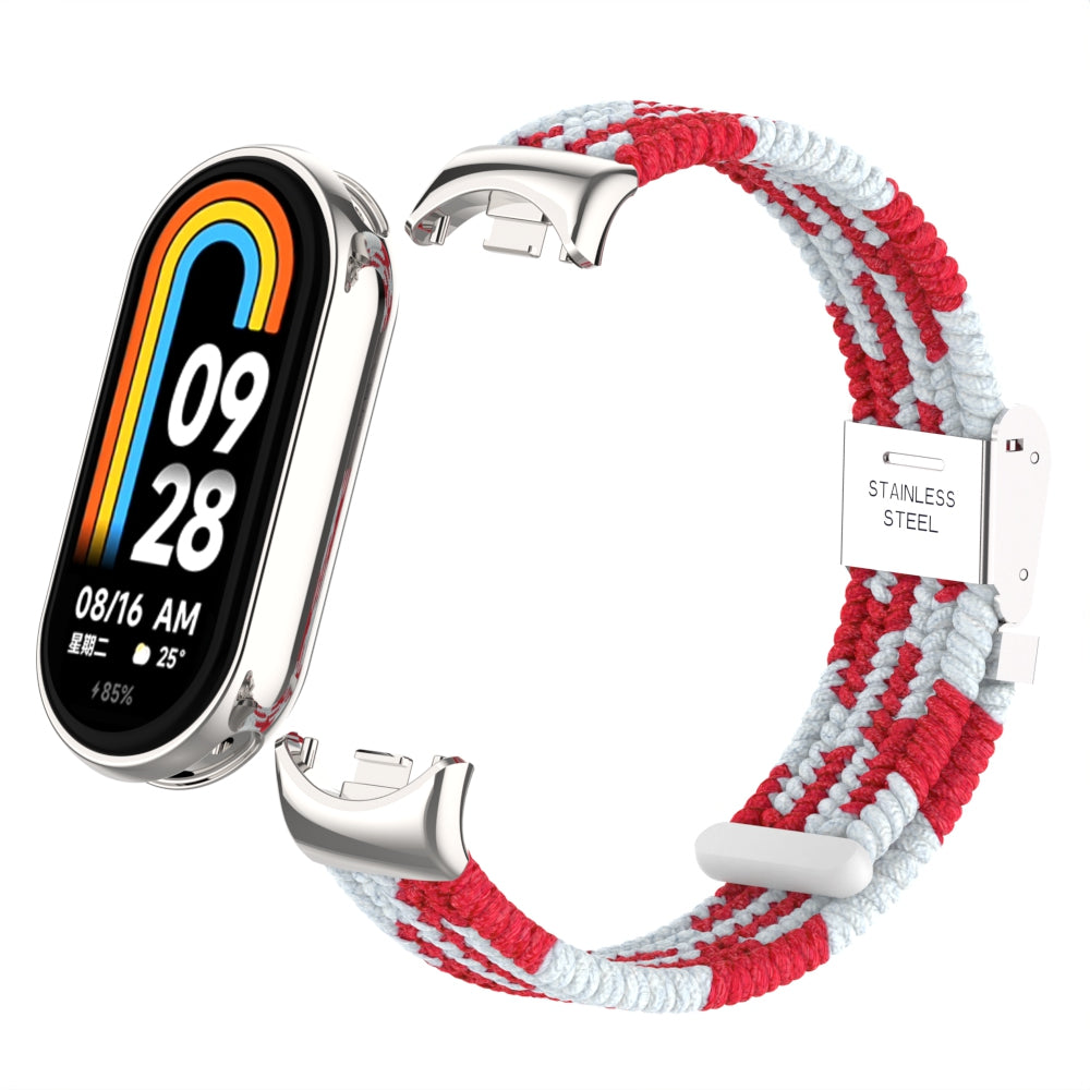 Uniqkart for Xiaomi Smart Band 8 Braided Nylon Watch Band Adjustable Buckle Elastic Strap - Red / White