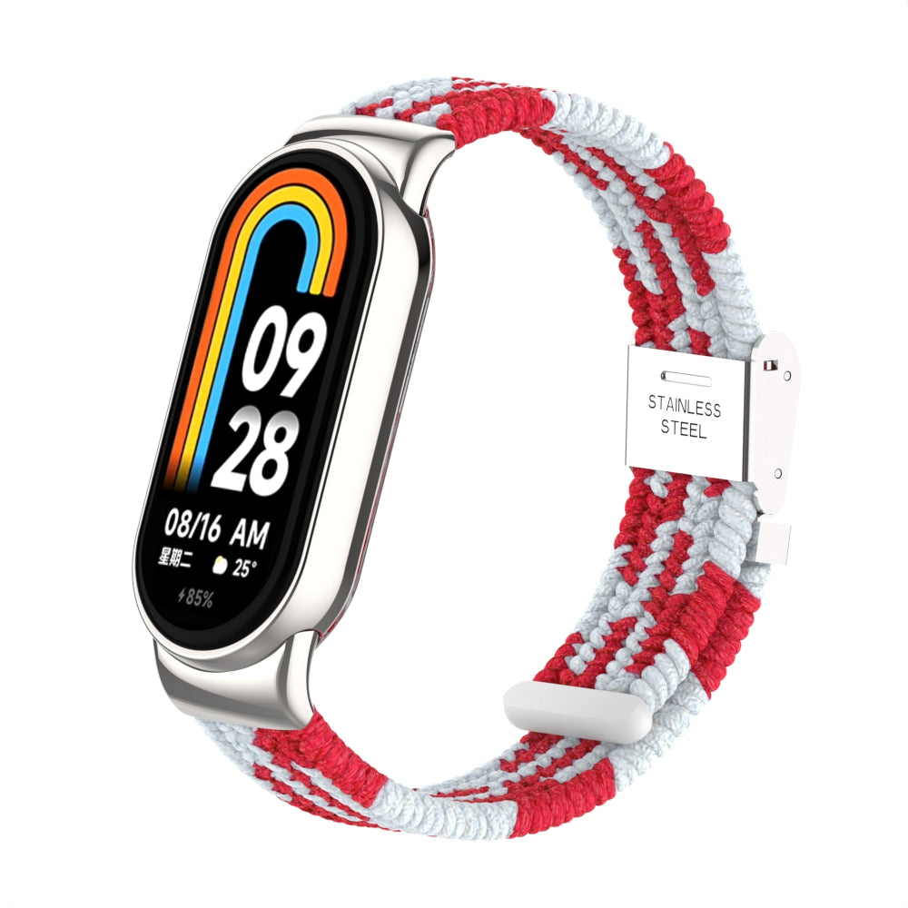 Uniqkart for Xiaomi Smart Band 8 Braided Nylon Watch Band Adjustable Buckle Elastic Strap - Red / White