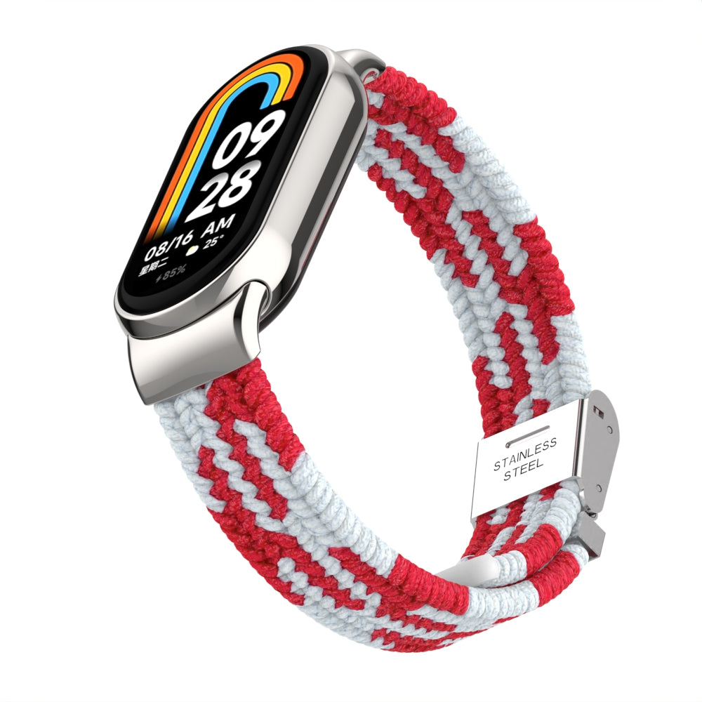 Uniqkart for Xiaomi Smart Band 8 Braided Nylon Watch Band Adjustable Buckle Elastic Strap - Red / White