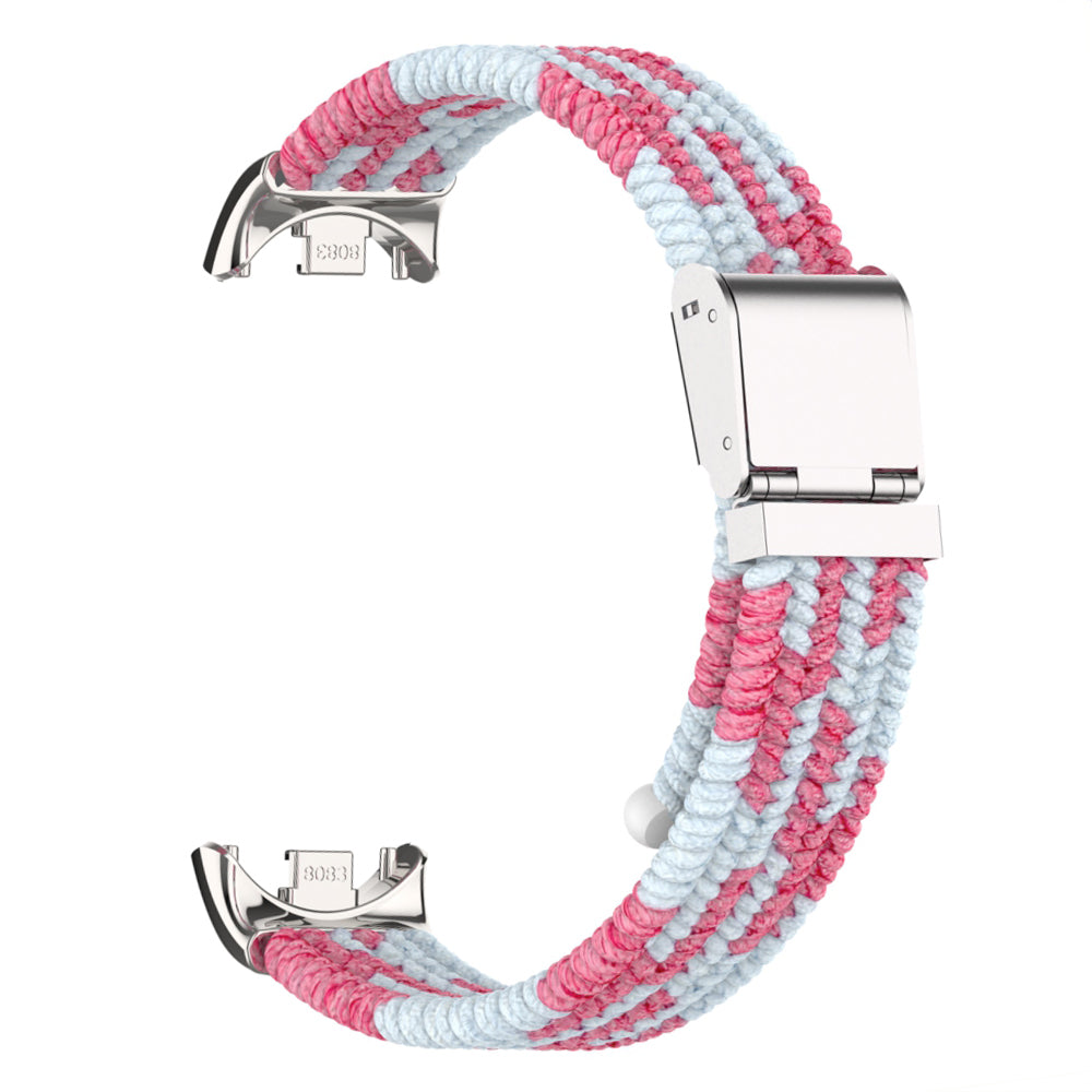 Uniqkart for Xiaomi Smart Band 8 Braided Nylon Watch Band Adjustable Buckle Elastic Strap - Pink / White