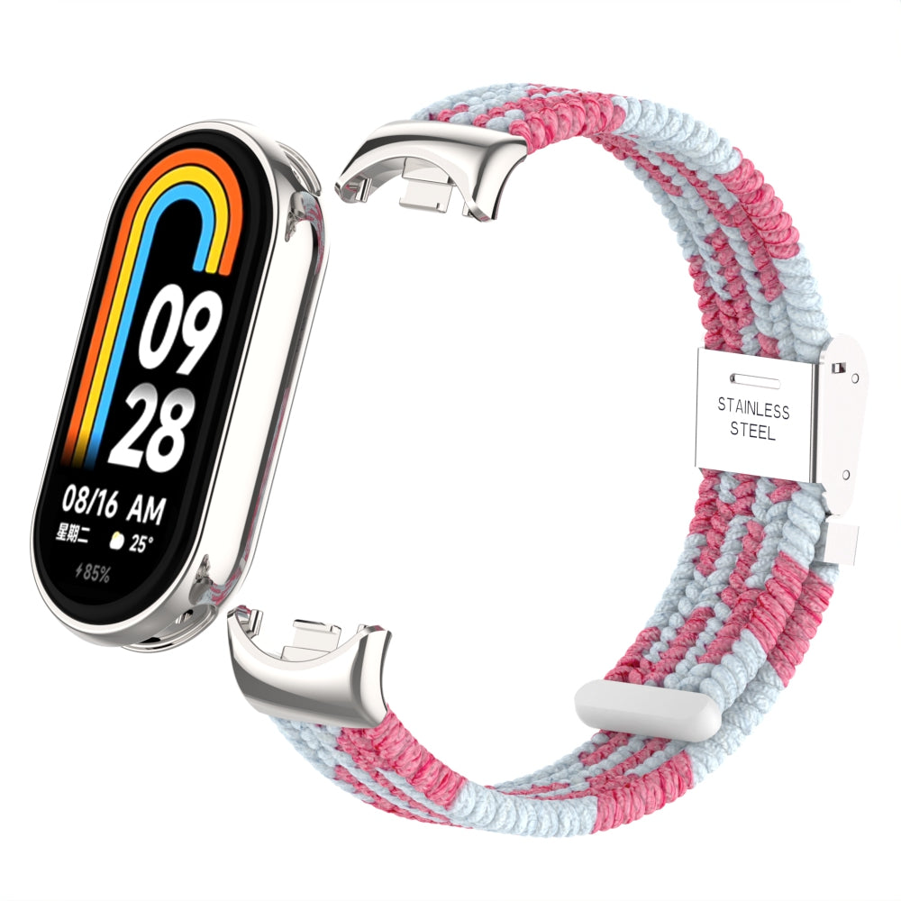 Uniqkart for Xiaomi Smart Band 8 Braided Nylon Watch Band Adjustable Buckle Elastic Strap - Pink / White