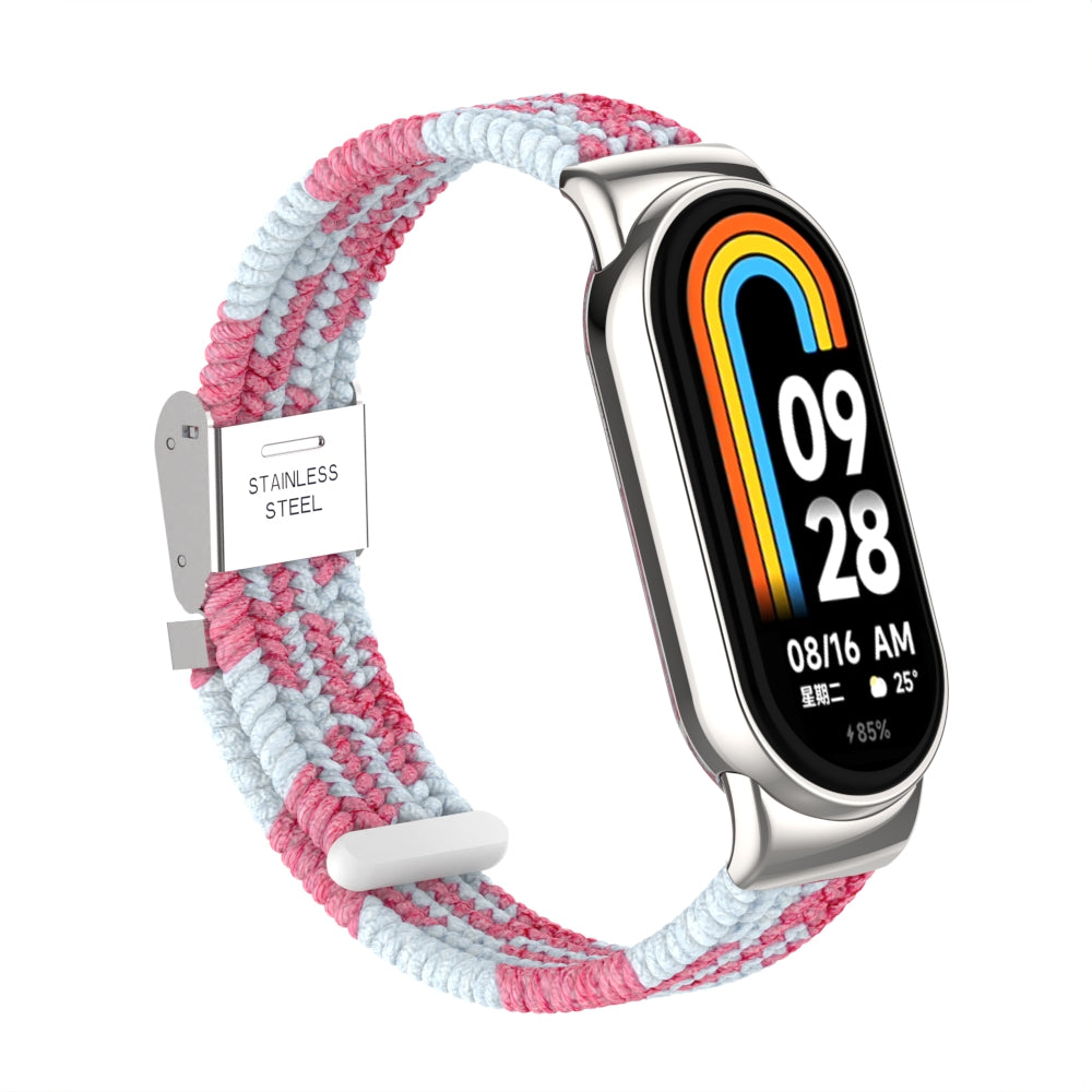 Uniqkart for Xiaomi Smart Band 8 Braided Nylon Watch Band Adjustable Buckle Elastic Strap - Pink / White