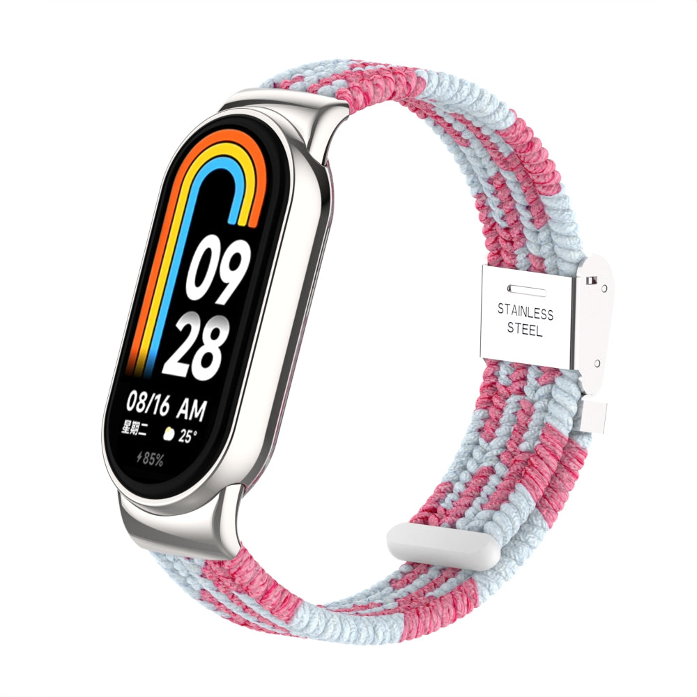 Uniqkart for Xiaomi Smart Band 8 Braided Nylon Watch Band Adjustable Buckle Elastic Strap - Pink / White