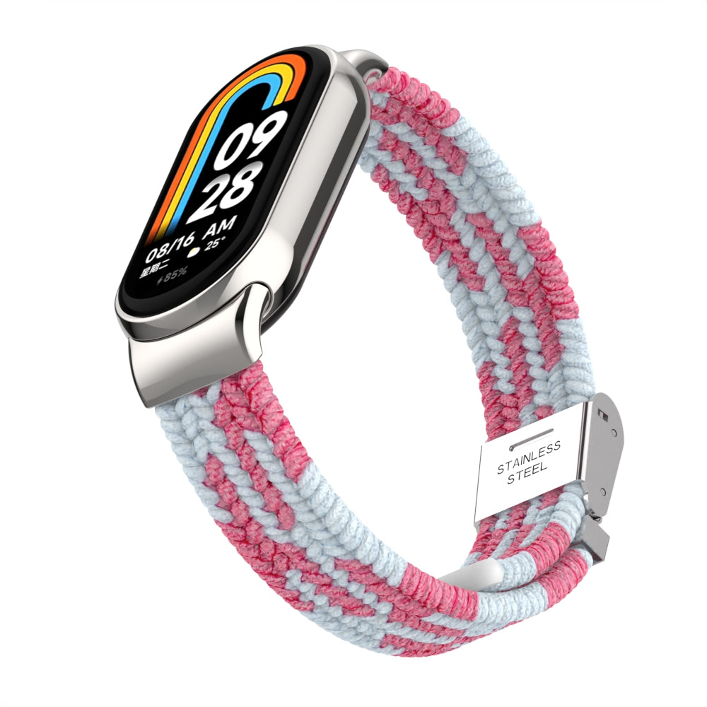 Uniqkart for Xiaomi Smart Band 8 Braided Nylon Watch Band Adjustable Buckle Elastic Strap - Pink / White