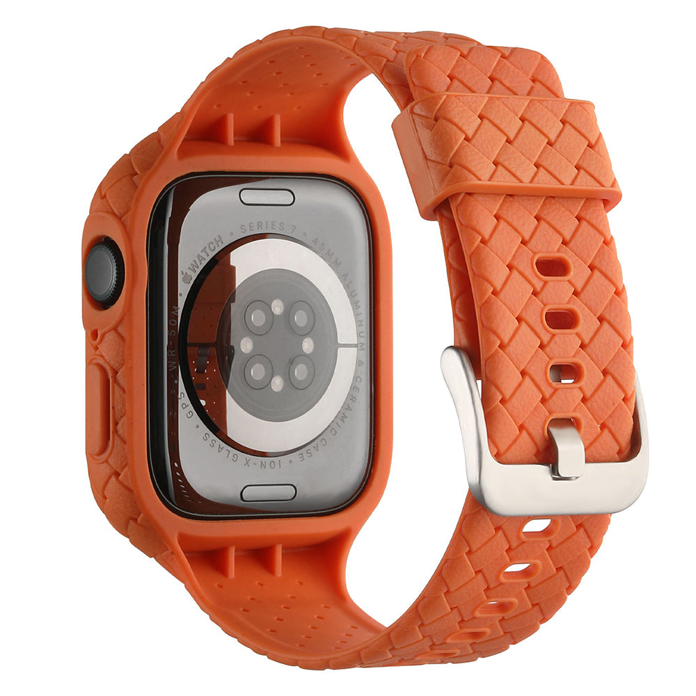 Uniqkart for Apple Watch Series 8 / 7 45mm Woven Texture TPU Watchband Integral Watch Strap with Case - Orange