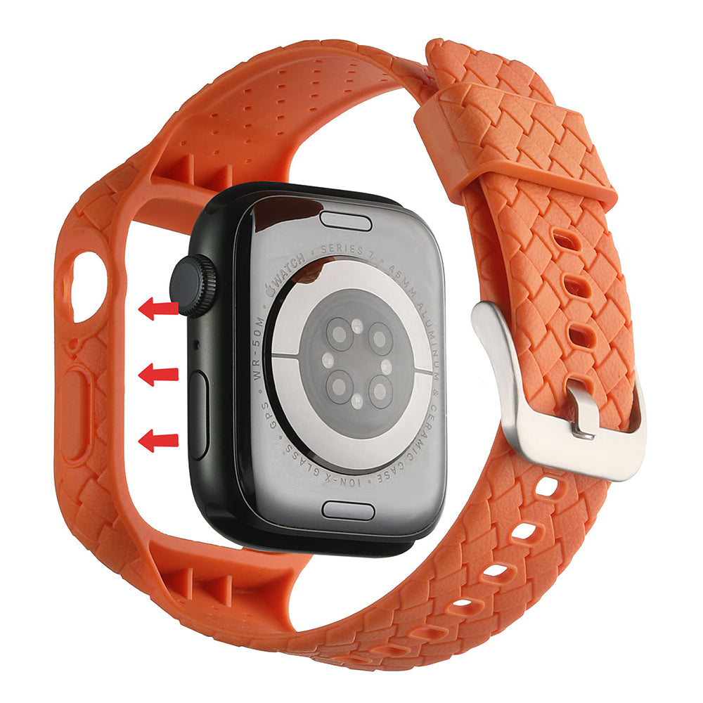 Uniqkart for Apple Watch Series 8 / 7 45mm Woven Texture TPU Watchband Integral Watch Strap with Case - Orange