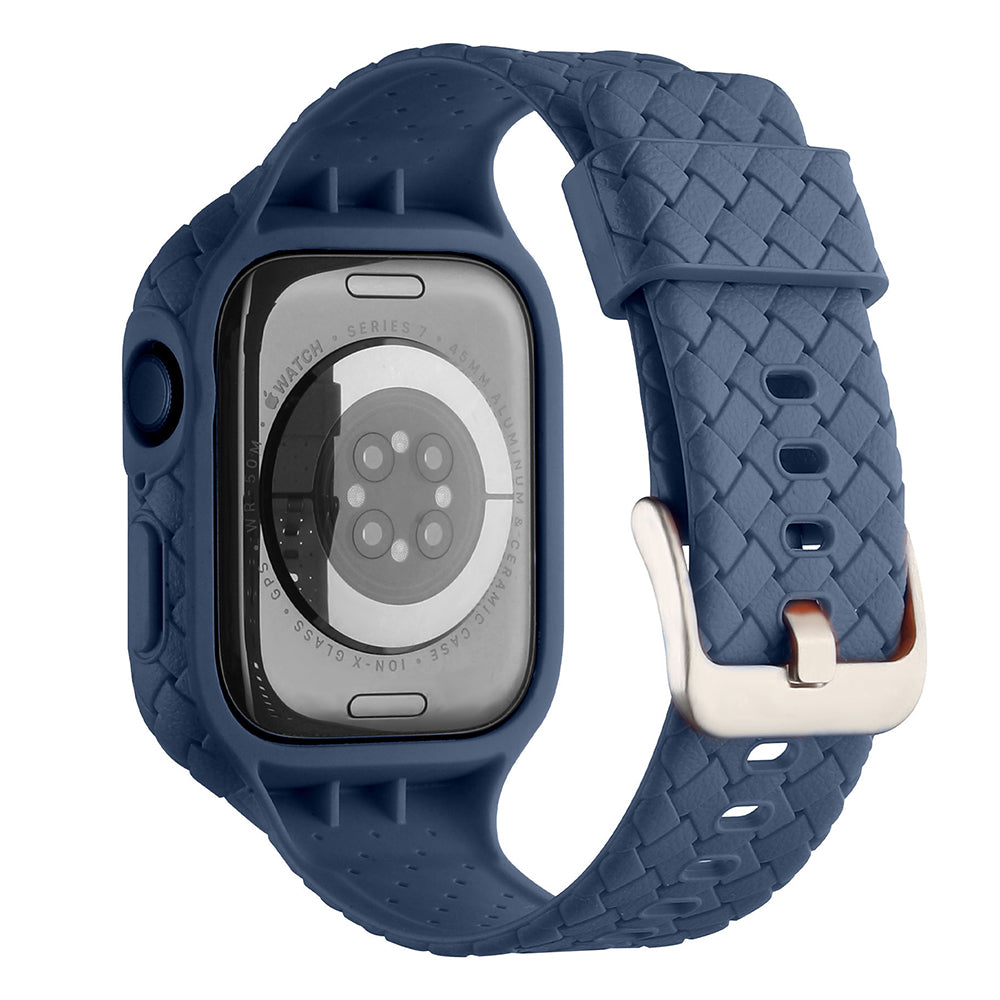 Uniqkart for Apple Watch Series 8 / 7 45mm Woven Texture TPU Watchband Integral Watch Strap with Case - Dark Blue