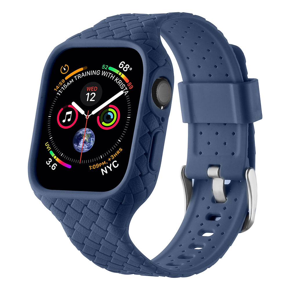 Uniqkart for Apple Watch Series 8 / 7 45mm Woven Texture TPU Watchband Integral Watch Strap with Case - Dark Blue