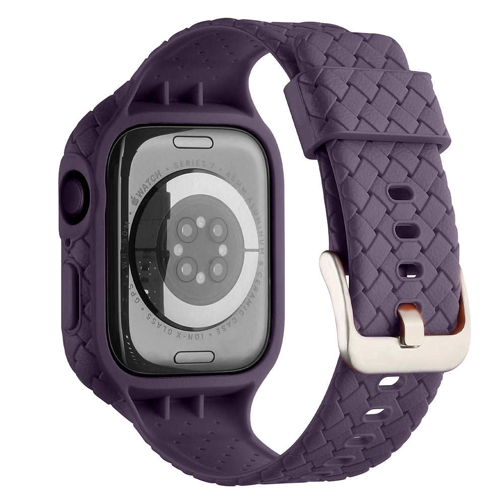 Uniqkart for Apple Watch Series 8 / 7 45mm Woven Texture TPU Watchband Integral Watch Strap with Case - Dark Purple