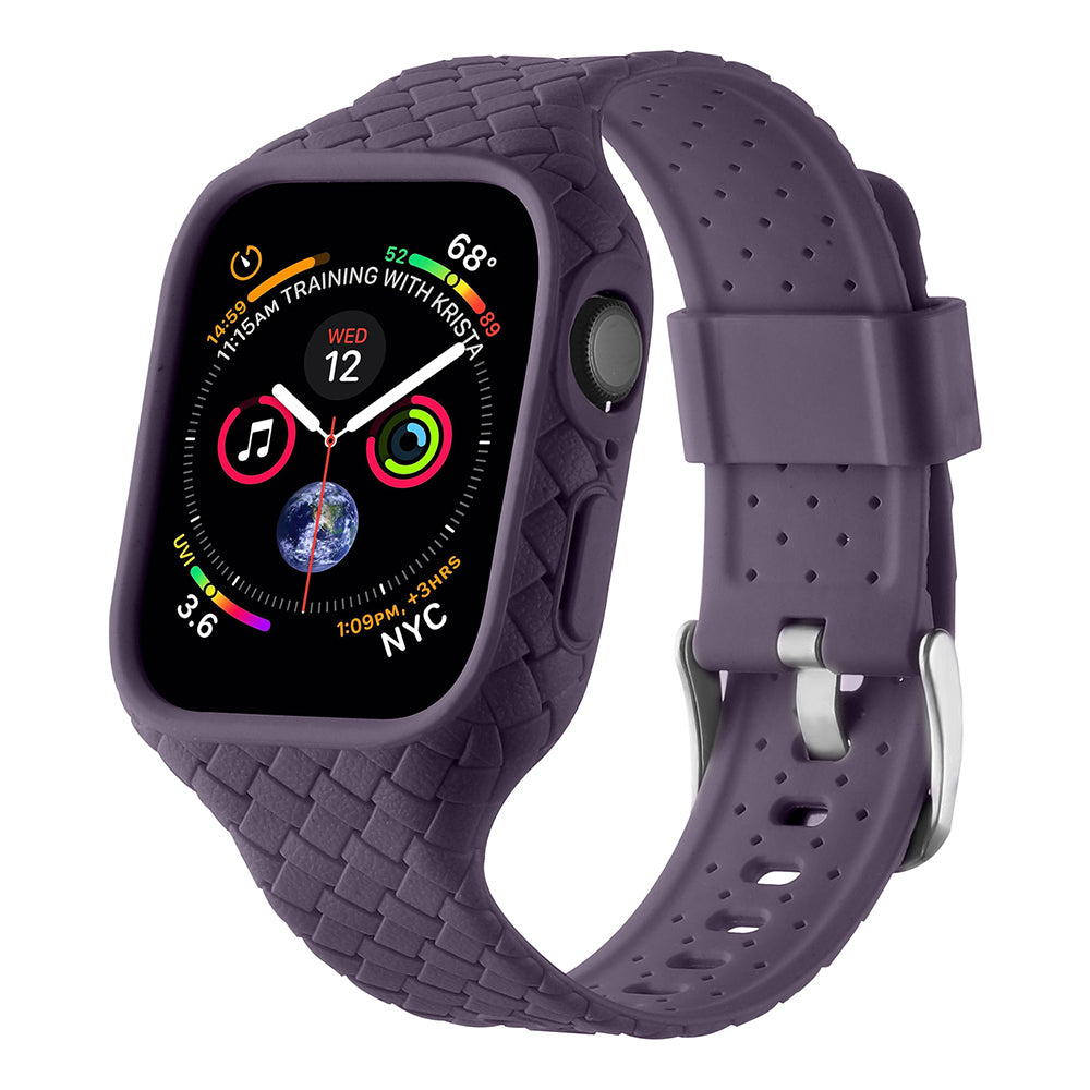 Uniqkart for Apple Watch Series 8 / 7 45mm Woven Texture TPU Watchband Integral Watch Strap with Case - Dark Purple