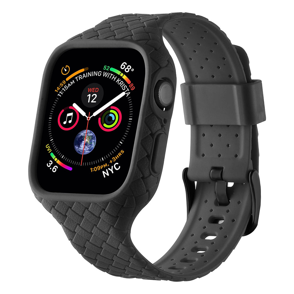 Uniqkart for Apple Watch Series 8 / 7 45mm Woven Texture TPU Watchband Integral Watch Strap with Case - Black