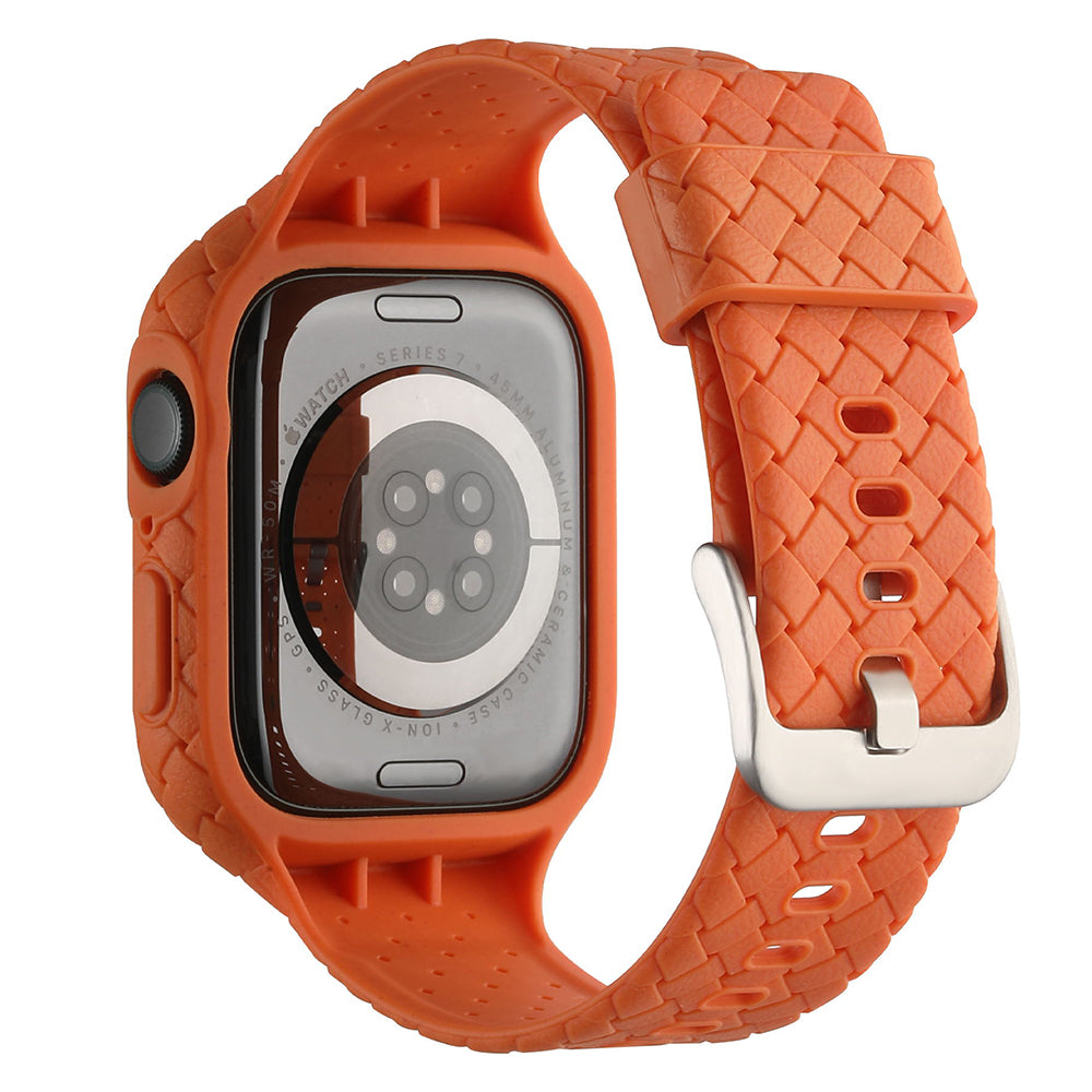Uniqkart for Apple Watch Series 8 / 7 41mm Woven Texture TPU Wrist Band Integrated Watch Strap with Case - Orange