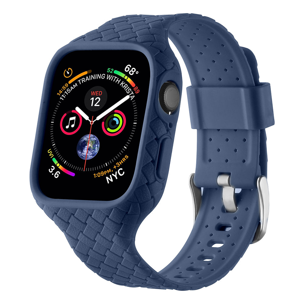 Uniqkart for Apple Watch Series 8 / 7 41mm Woven Texture TPU Wrist Band Integrated Watch Strap with Case - Dark Blue