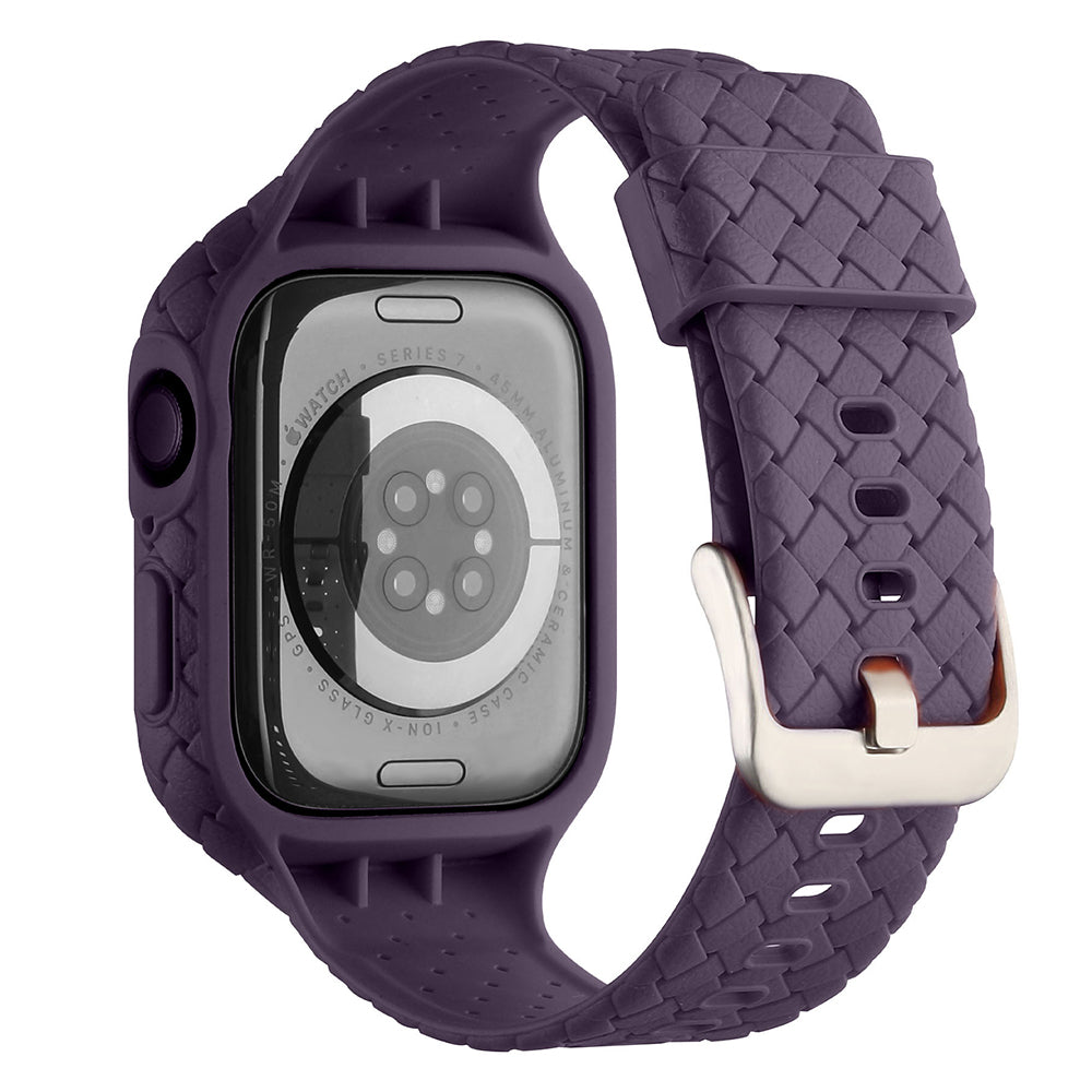 Uniqkart for Apple Watch Series 8 / 7 41mm Woven Texture TPU Wrist Band Integrated Watch Strap with Case - Dark Purple