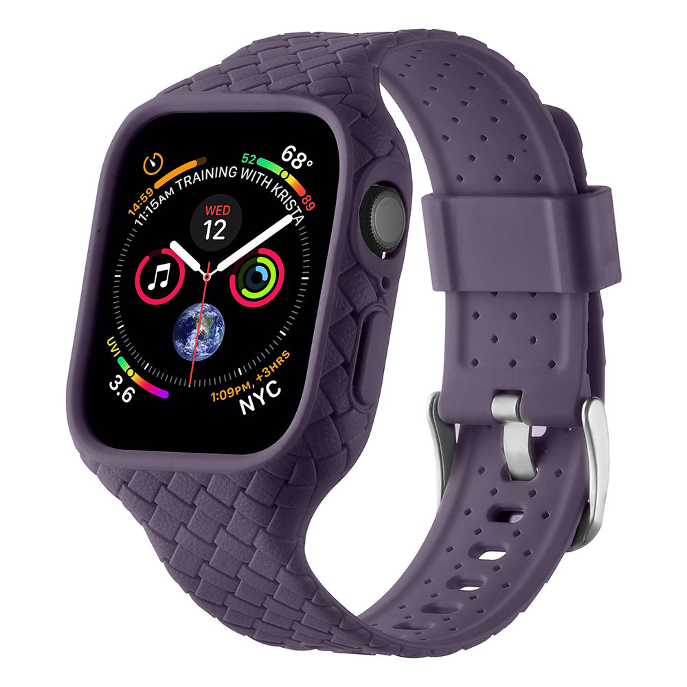 Uniqkart for Apple Watch Series 8 / 7 41mm Woven Texture TPU Wrist Band Integrated Watch Strap with Case - Dark Purple