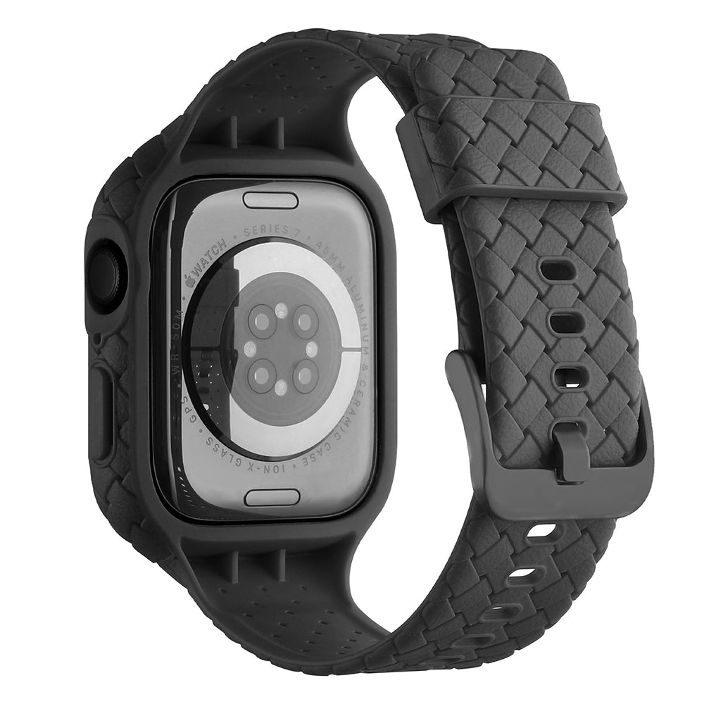 Uniqkart for Apple Watch Series 8 / 7 41mm Woven Texture TPU Wrist Band Integrated Watch Strap with Case - Black