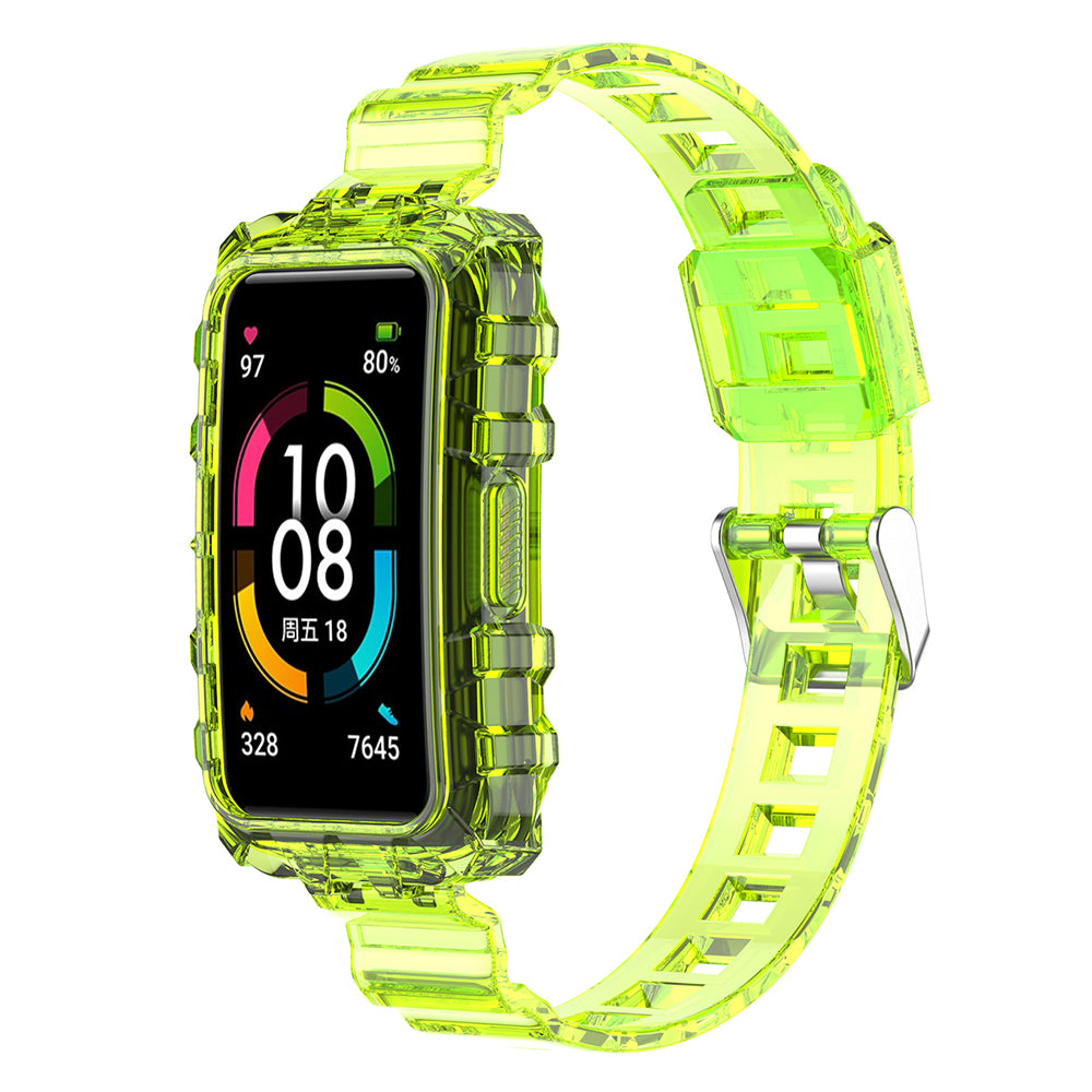 Uniqkart for Huawei Band 8 / Band 6 / Honor Band 7 / Band 6 / Band 6 Pro Clear TPU Wrist Band Integrated Strap with Watch Case - Transparent Yellow