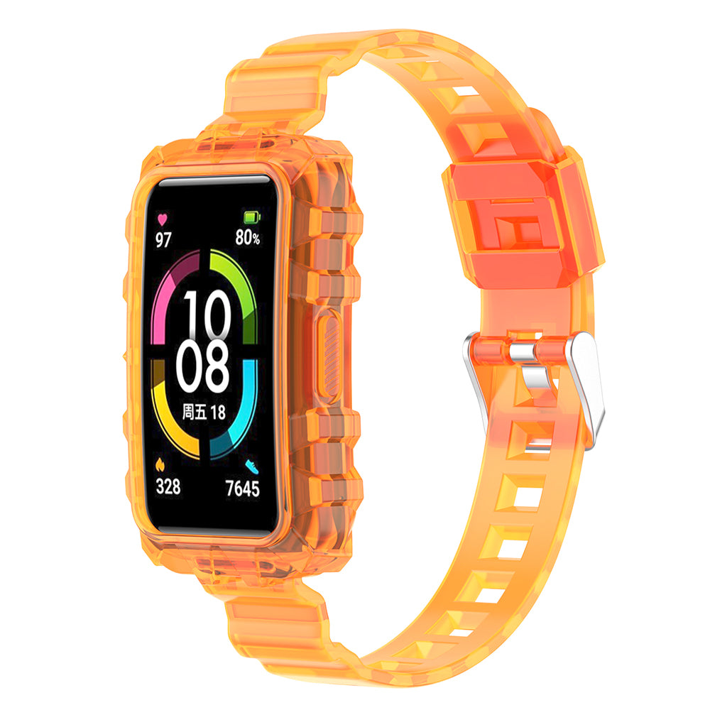 Uniqkart for Huawei Band 8 / Band 6 / Honor Band 7 / Band 6 / Band 6 Pro Clear TPU Wrist Band Integrated Strap with Watch Case - Transparent Orange