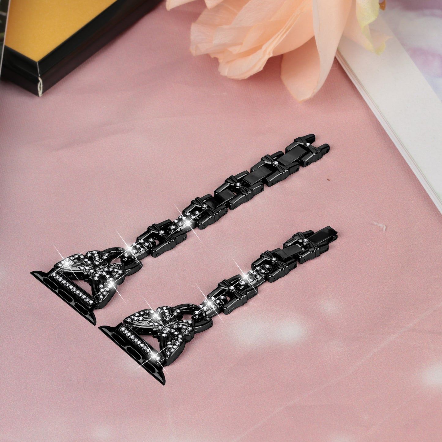 Watch Strap for Apple Watch Series 8 7 41mm / Series 6 5 4 SE (2022) SE 40mm / Series 3 2 1 38mm Butterfly Rhinestone Decor Stainless Steel Wristband - Black