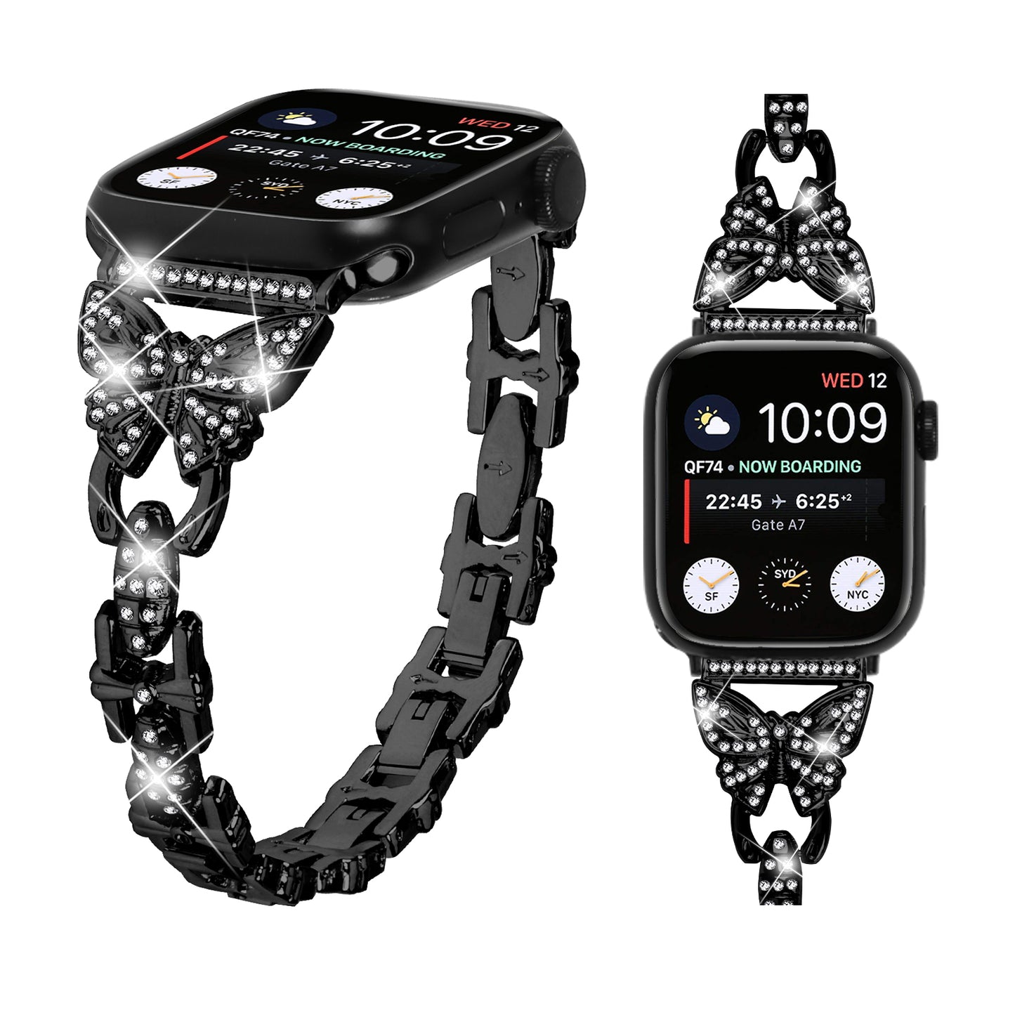 Watch Strap for Apple Watch Series 8 7 41mm / Series 6 5 4 SE (2022) SE 40mm / Series 3 2 1 38mm Butterfly Rhinestone Decor Stainless Steel Wristband - Black
