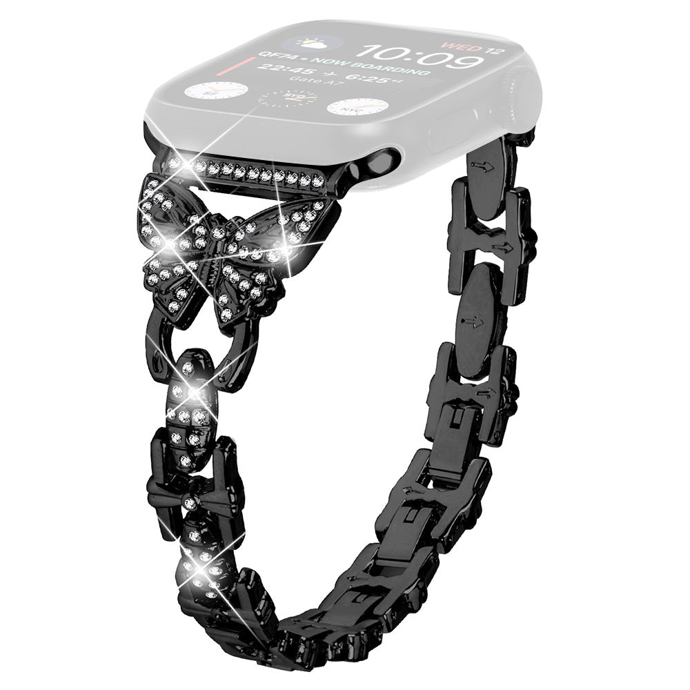 Stainless Steel Watch Band for Apple Watch Ultra 49mm / Series 8 7 45mm / Series 6 5 4 SE (2022) SE 44mm / Series 3 2 1 42mm Butterfly Rhinestone Decor Bracelet Strap - Black