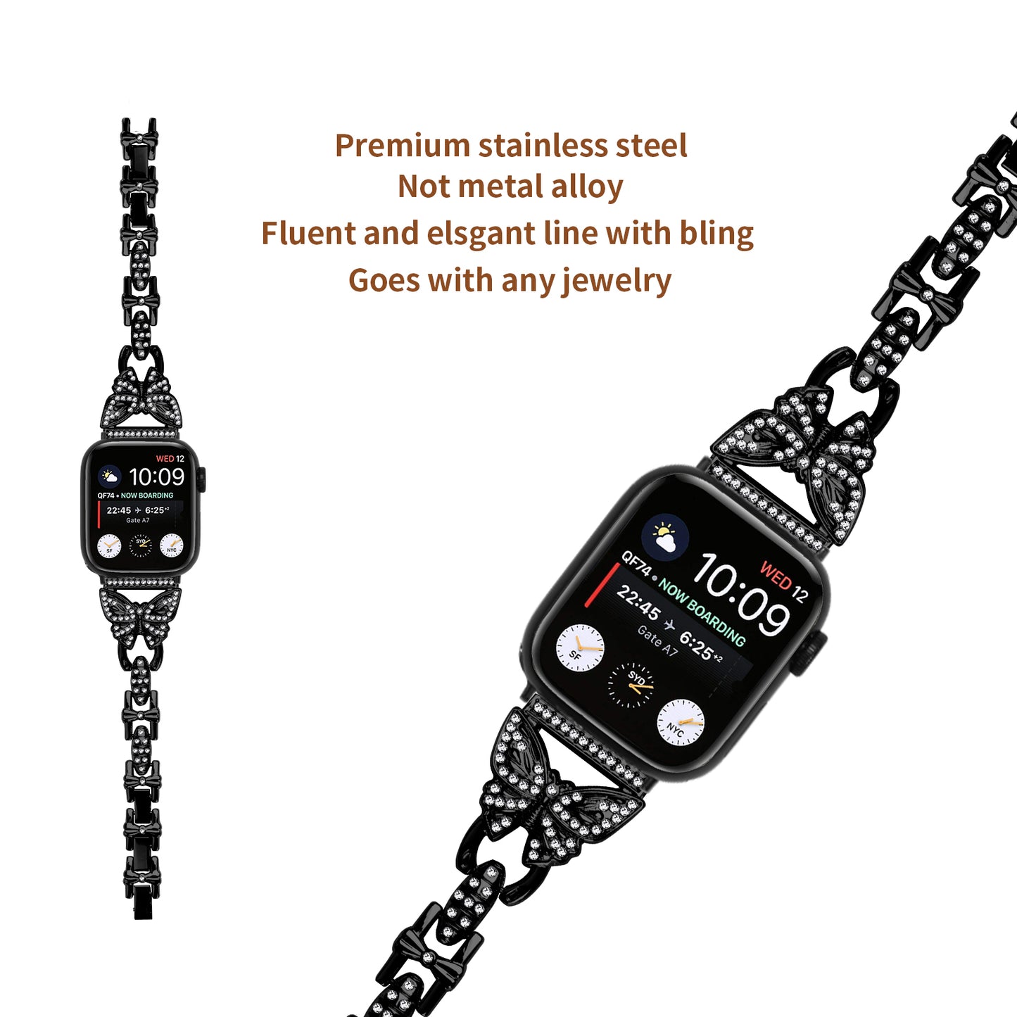 Stainless Steel Watch Band for Apple Watch Ultra 49mm / Series 8 7 45mm / Series 6 5 4 SE (2022) SE 44mm / Series 3 2 1 42mm Butterfly Rhinestone Decor Bracelet Strap - Black