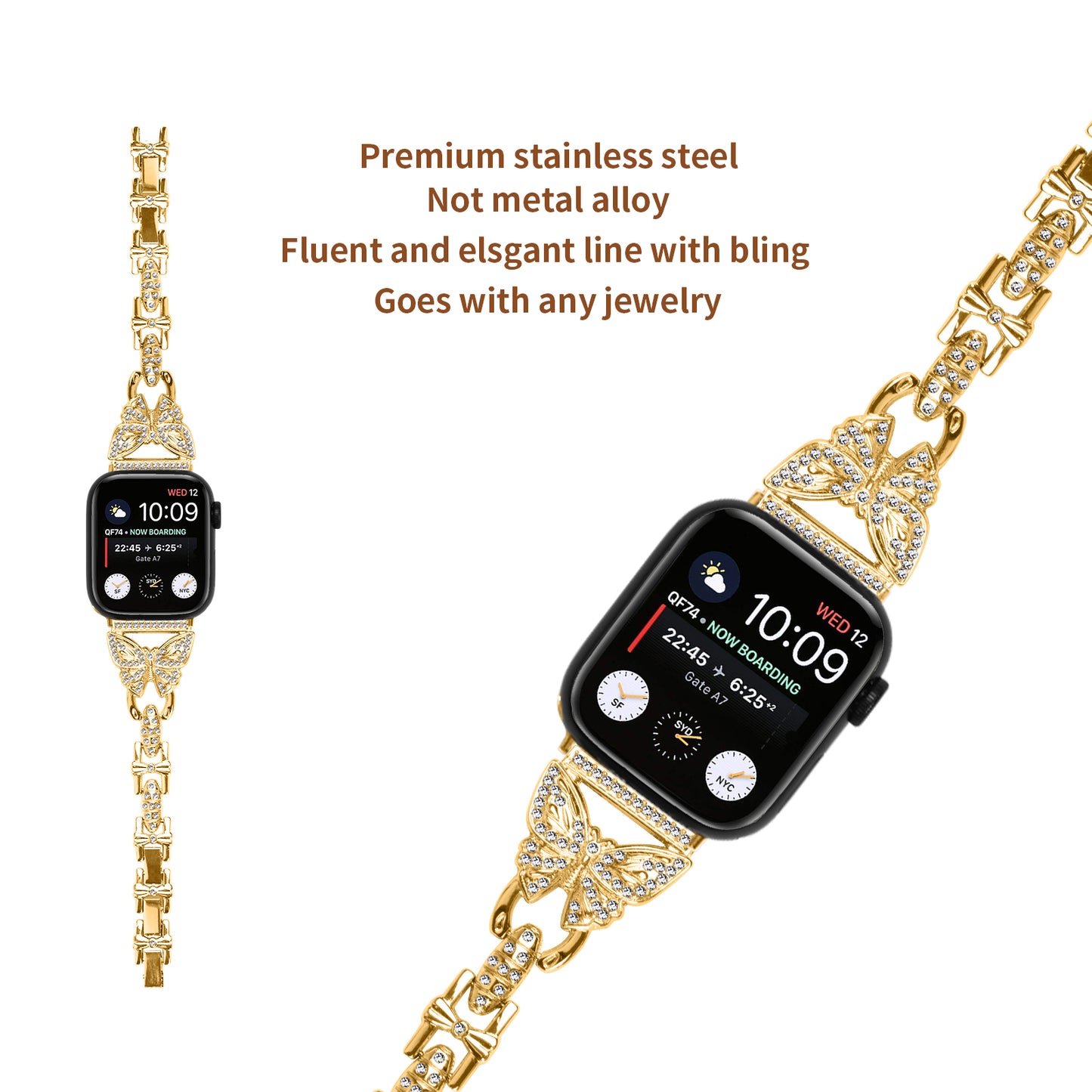 Stainless Steel Watch Band for Apple Watch Ultra 49mm / Series 8 7 45mm / Series 6 5 4 SE (2022) SE 44mm / Series 3 2 1 42mm Butterfly Rhinestone Decor Bracelet Strap - Gold